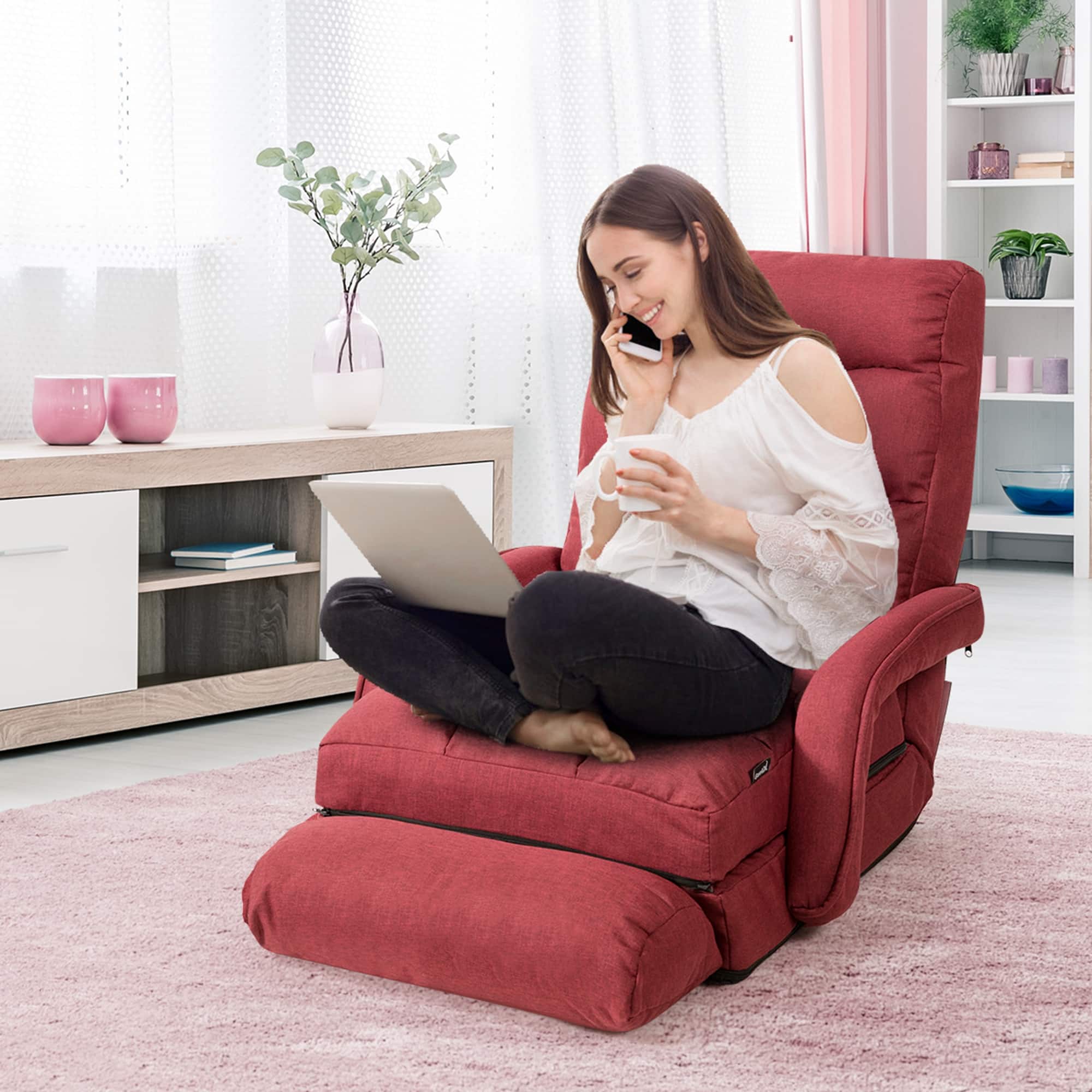 Alt View 3. Costway - Costway Folding Floor Single Sofa Recliner Chair W/ a Pillow 5 Adjustable Backrest Position Leisure Lounge Couch Red - Red.