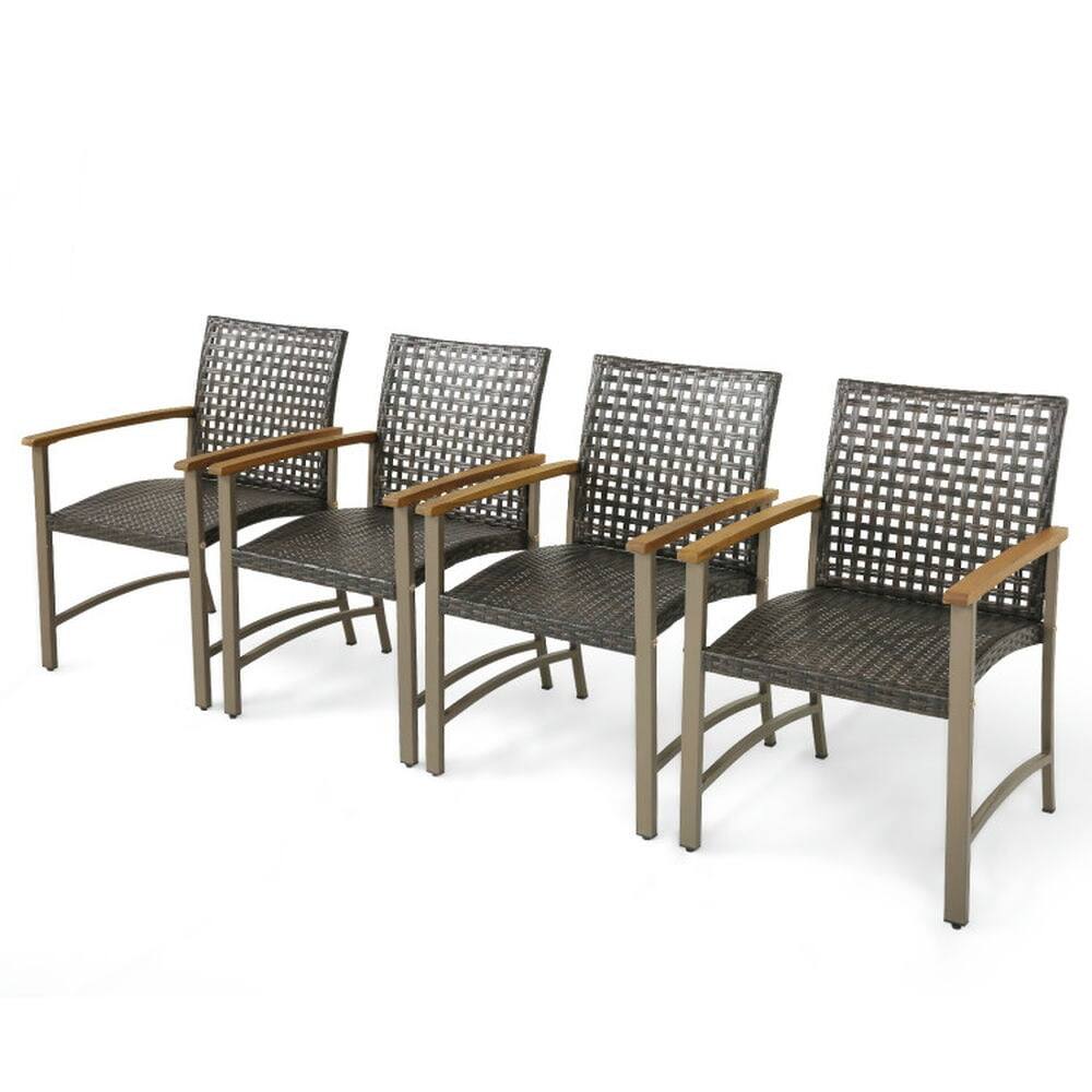 Left. Pefilos - Set of 4 Patio Rattan Dining Chairs with Ergonomic Curved Seat , Dining Chairs with Acacia Wood Armrests - Brown.