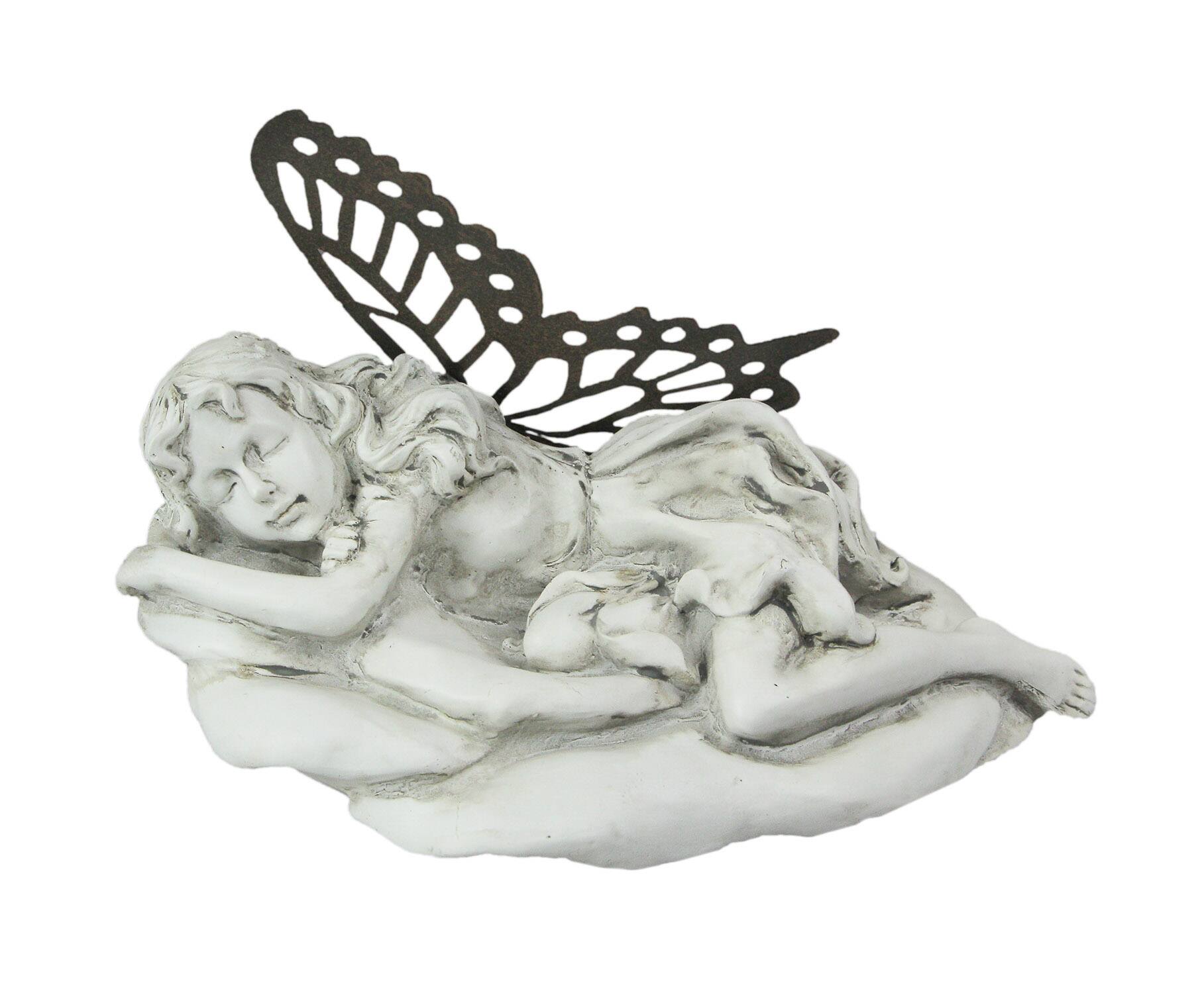 Front. Napco - Antiqued White Sleeping Fairy Indoor / Outdoor Statue With Rustic Metal Wings - Off-white.