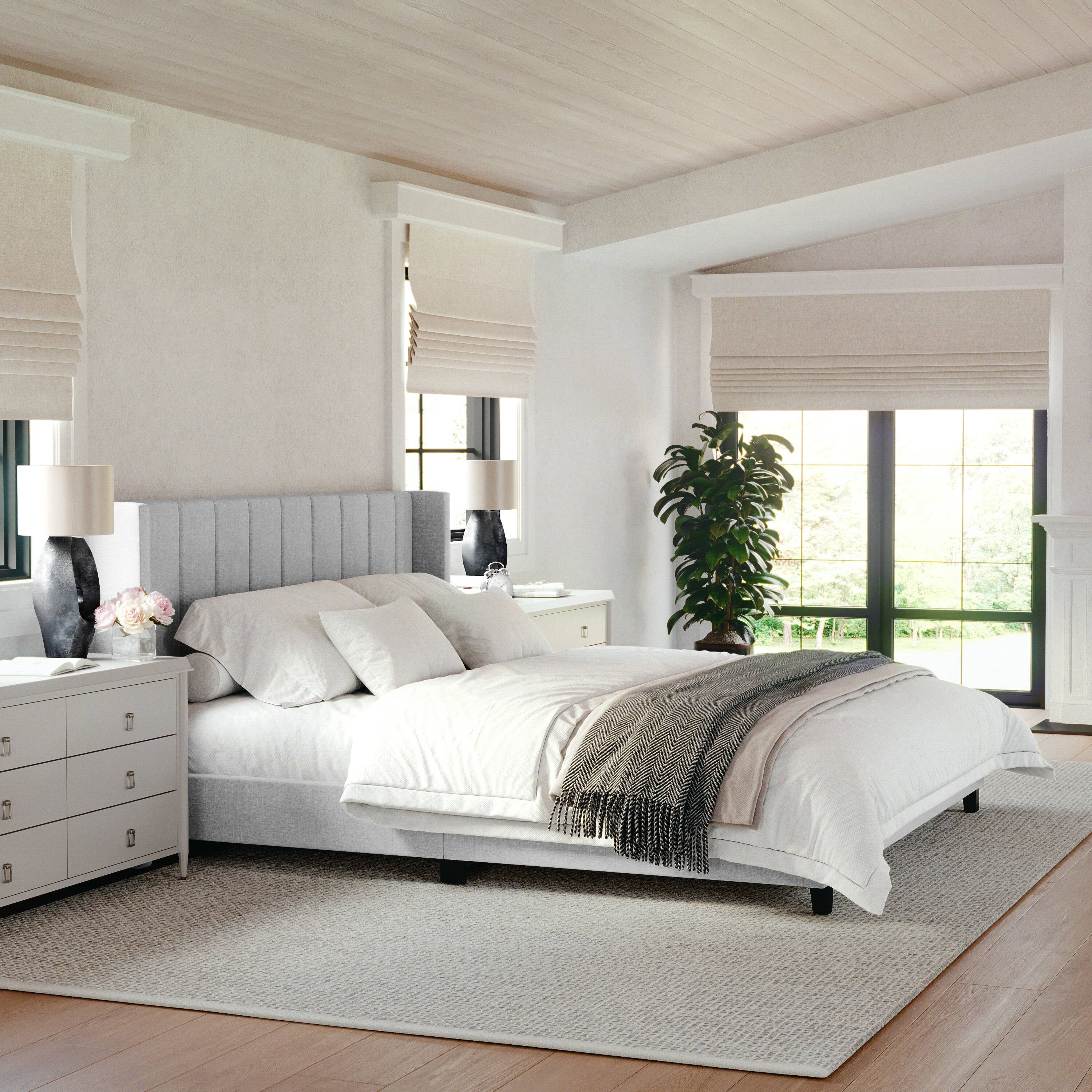 Front. Martha Stewart - Kay Faux Linen King Size Platform Bed with Channel Stitched Headboard - Gray Fabric/Black Legs.