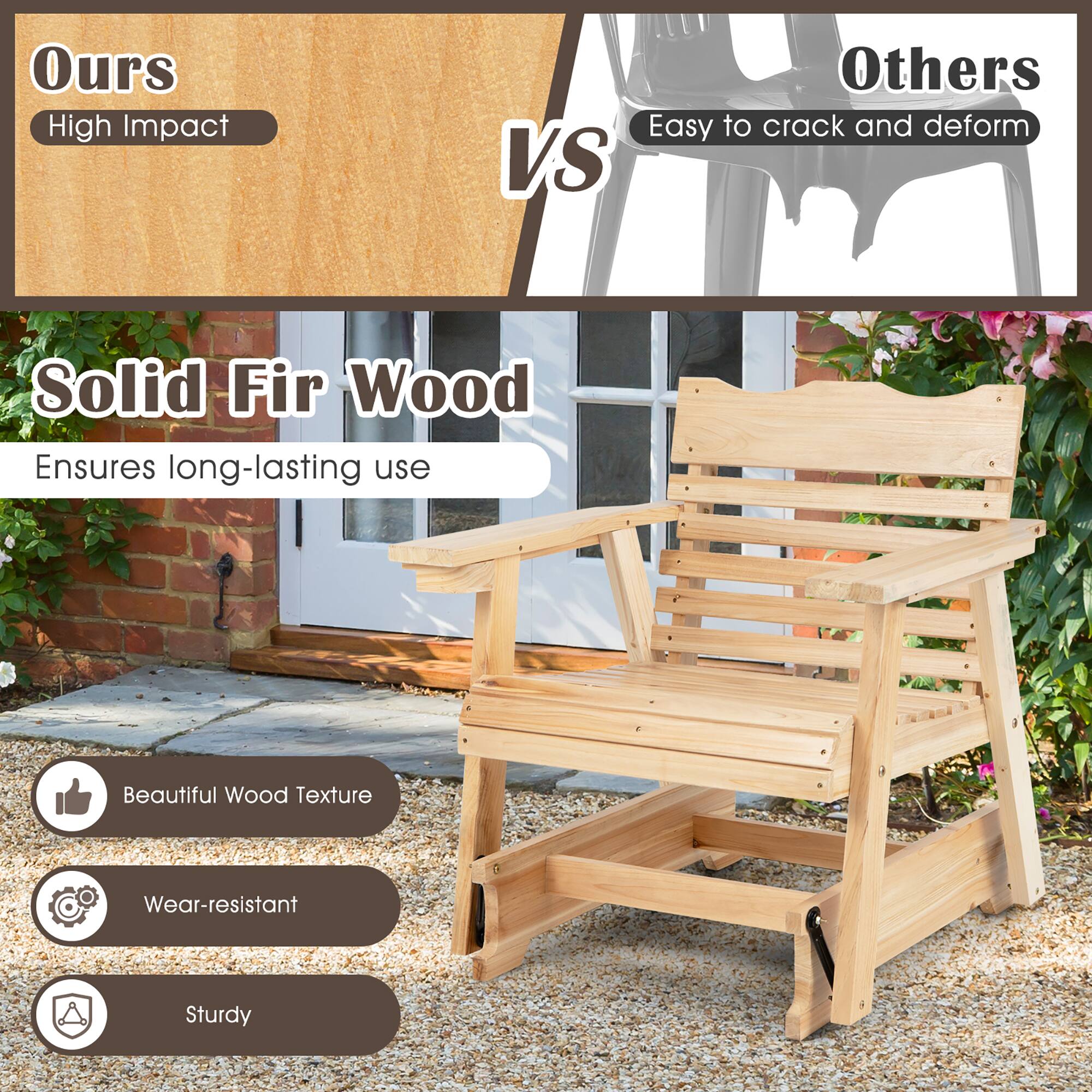 **Ours**  
High Impact

**Others**  
Easy to crack and deform

**Solid Fir Wood**  
Ensures long-lasting use

- Beautiful Wood Texture
- Wear-resistant
- Sturdy