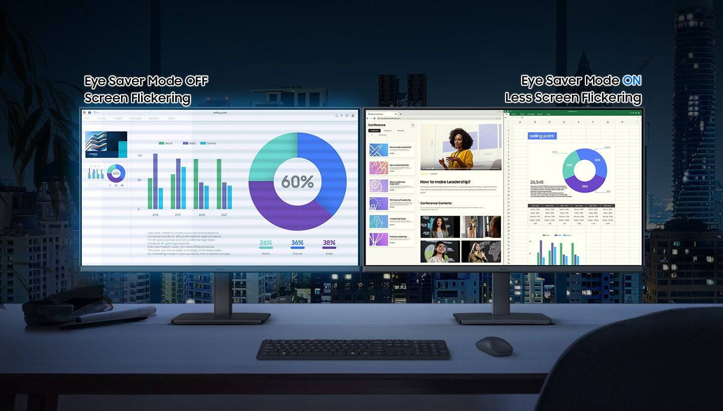 The text on the image is grouped and corrected as follows:

Eye Saver Mode OFF Screen Flickering Eye Saver Mode ON Less Screen Flickering

Conference Contents:

* 26.548%
* 38%
* 5s
* 2015
* 26%
* 36%
* 38%

The corrected text is organized in a way that makes it easier to understand and read.
