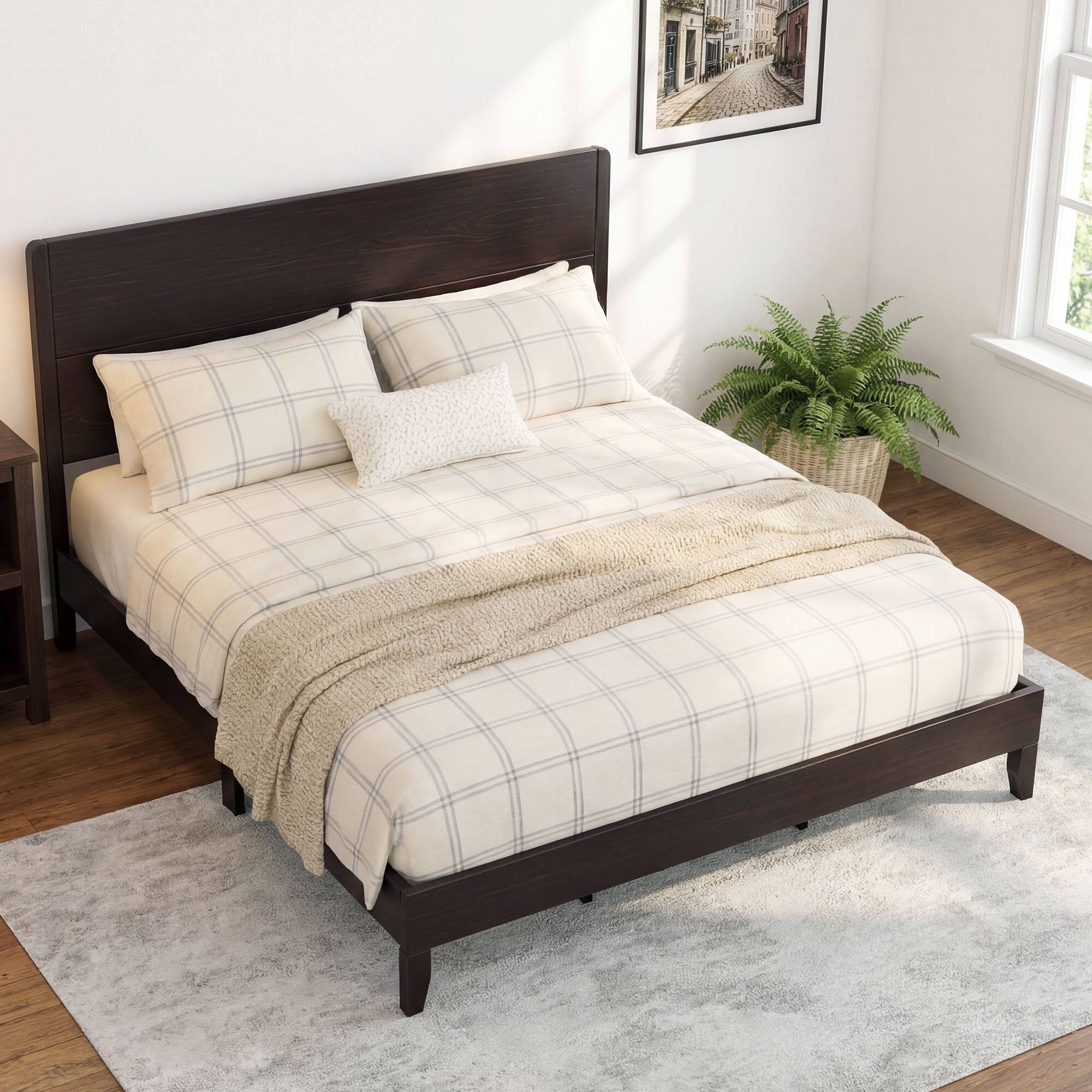 Back. Vipbear - Q/K Wooden Bed Frame with Tall Headboard, Platform Bed Frame with Slat Support, No Box Spring Needed, Easy Assembly - Brown.