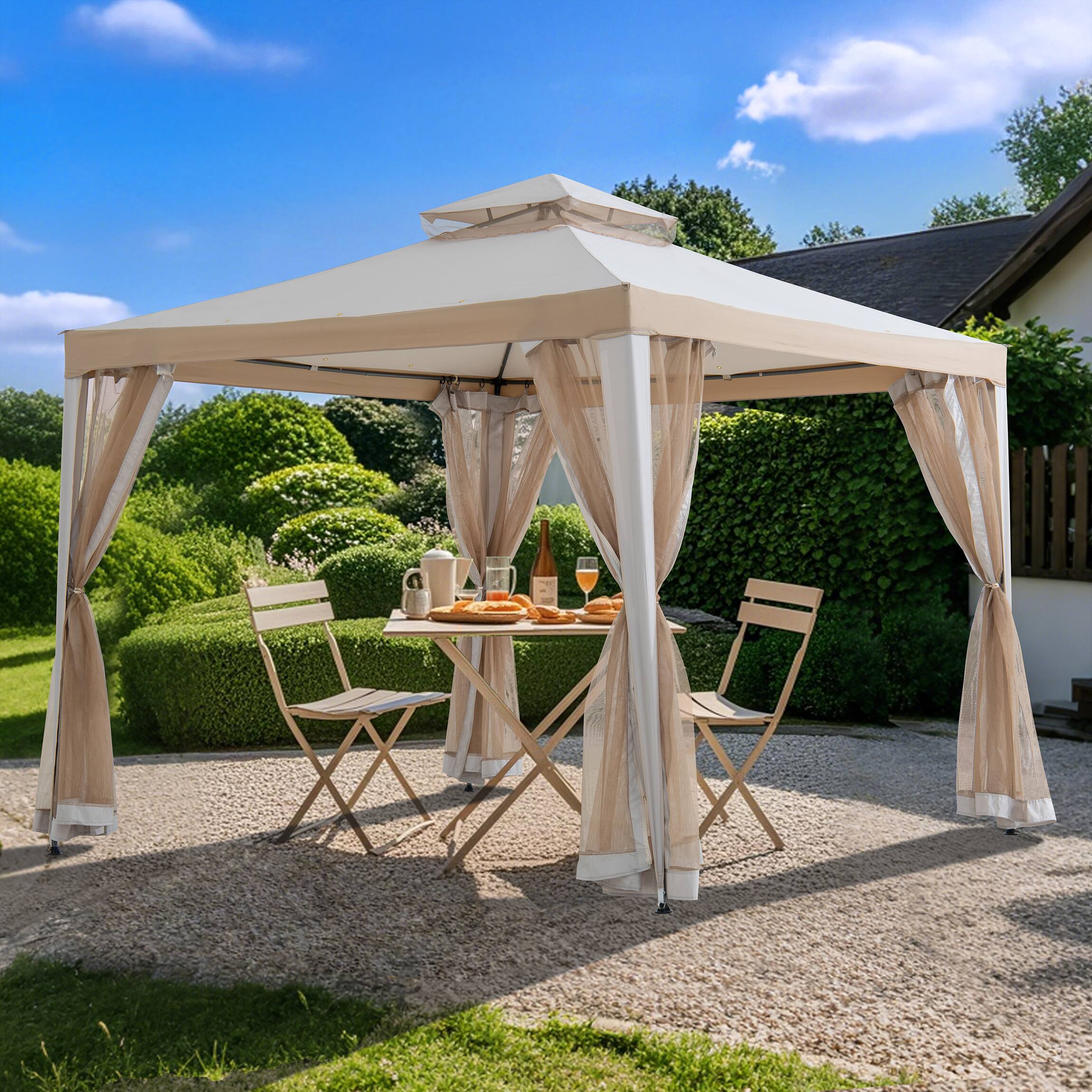 Front. SUNJOY - Sunjoy 10’ x 10’ Outdoor Patio Gazebo Modern 2-Tier Steel Frame Soft Top Gazebo with Mesh Netting - Grey & Khaki.