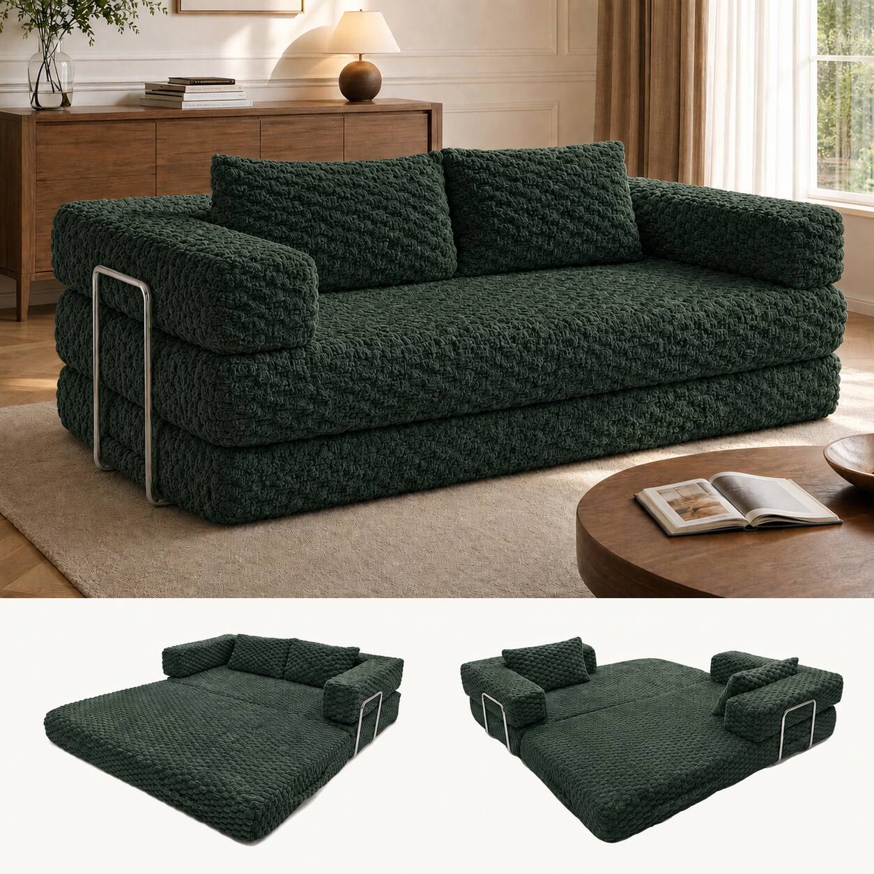 Alt View 7. Famapy - Convertible Folding Sofa Bed Couch 2-in-1 Loveseat with Plush Fabric Detachable Metal Support Brackets for Living Room - Dark Green.