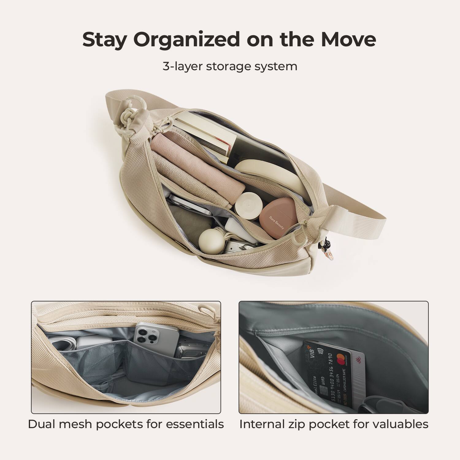 Stay Organized on the Move  
3-layer storage system  

Flaice Becoury  
VIB 2890  

Dual mesh pockets for essentials  
Internal zip pocket for valuables