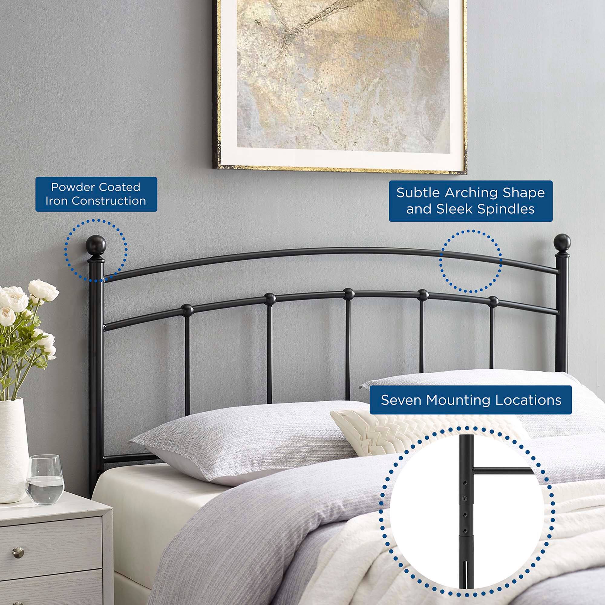 - Powder Coated Iron Construction
- Subtle Arching Shape and Sleek Spindles
- Seven Mounting Locations