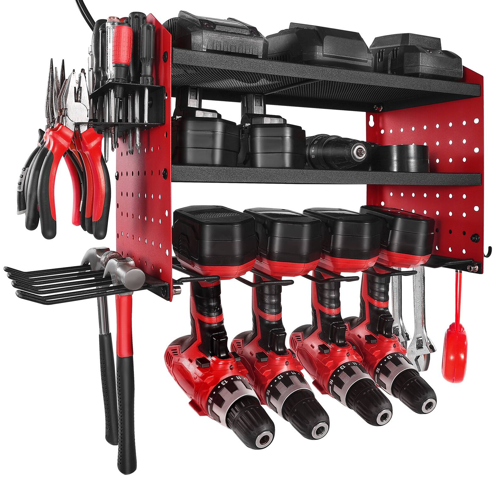 Alt View 5. VEVOR - Power Tool Organizer with Charging Station, 3-Layer Drill Storage Rack with 4 Drill Holders & Side Pegboard, Garage Tool - Red.