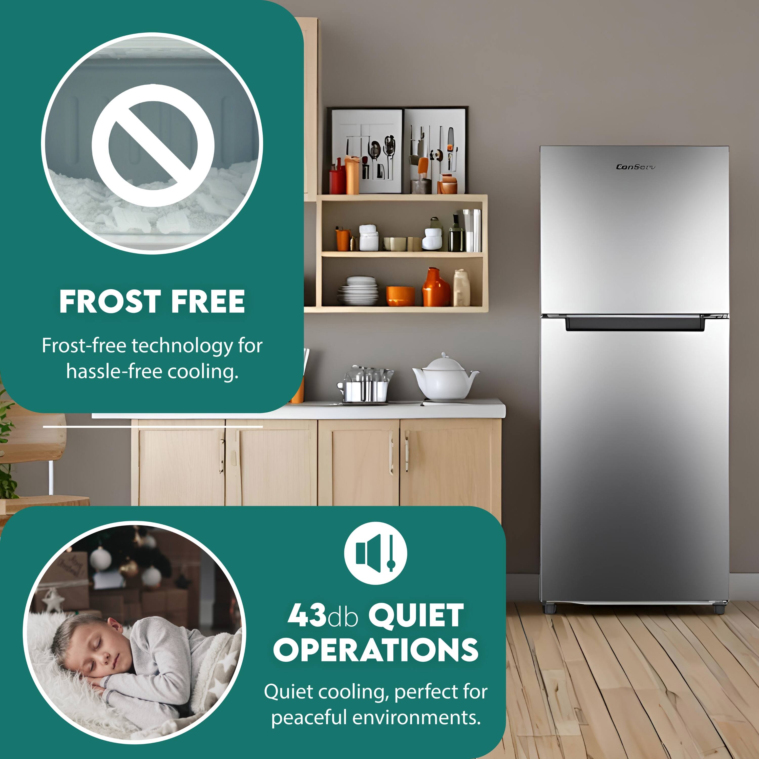 FROST FREE  
Frost-free technology for hassle-free cooling.

43db QUIET OPERATIONS  
Quiet cooling, perfect for peaceful environments.
