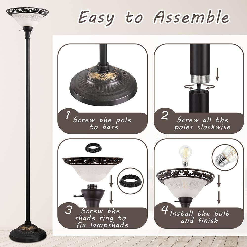 Easy to Assemble

1. Screw the pole to base
2. Screw all the poles clockwise
3. Screw the shade ring to fix lampshade
4. Install the bulb and finish