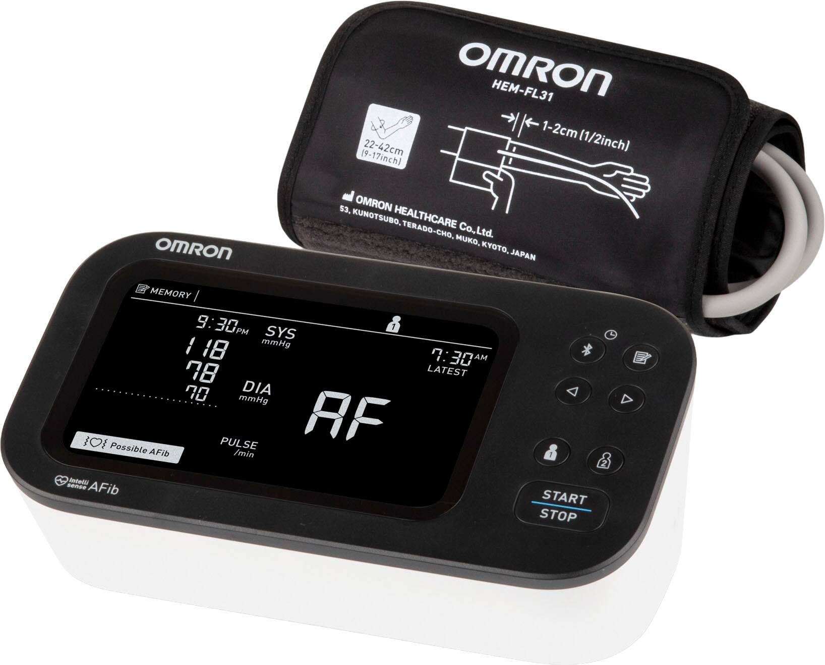 OMRON HEM-FL31 1-2cm 22-42cm (1/2inch) (9-17inch) OmRON 3. OMRON KUNOTSUBO, HEALTHCARE TERADO-CHO, Co.,Ltd. MUKO, KYOTO, JAPAN MEMORY I 9:30 9: JLPM 30 PM SYS I 18 mmHg 7:30 SU  AM 78 LATEST 70 DIA mmHg IO Possible PULSE AF AFib /min Intelli sense AFib START STOP
