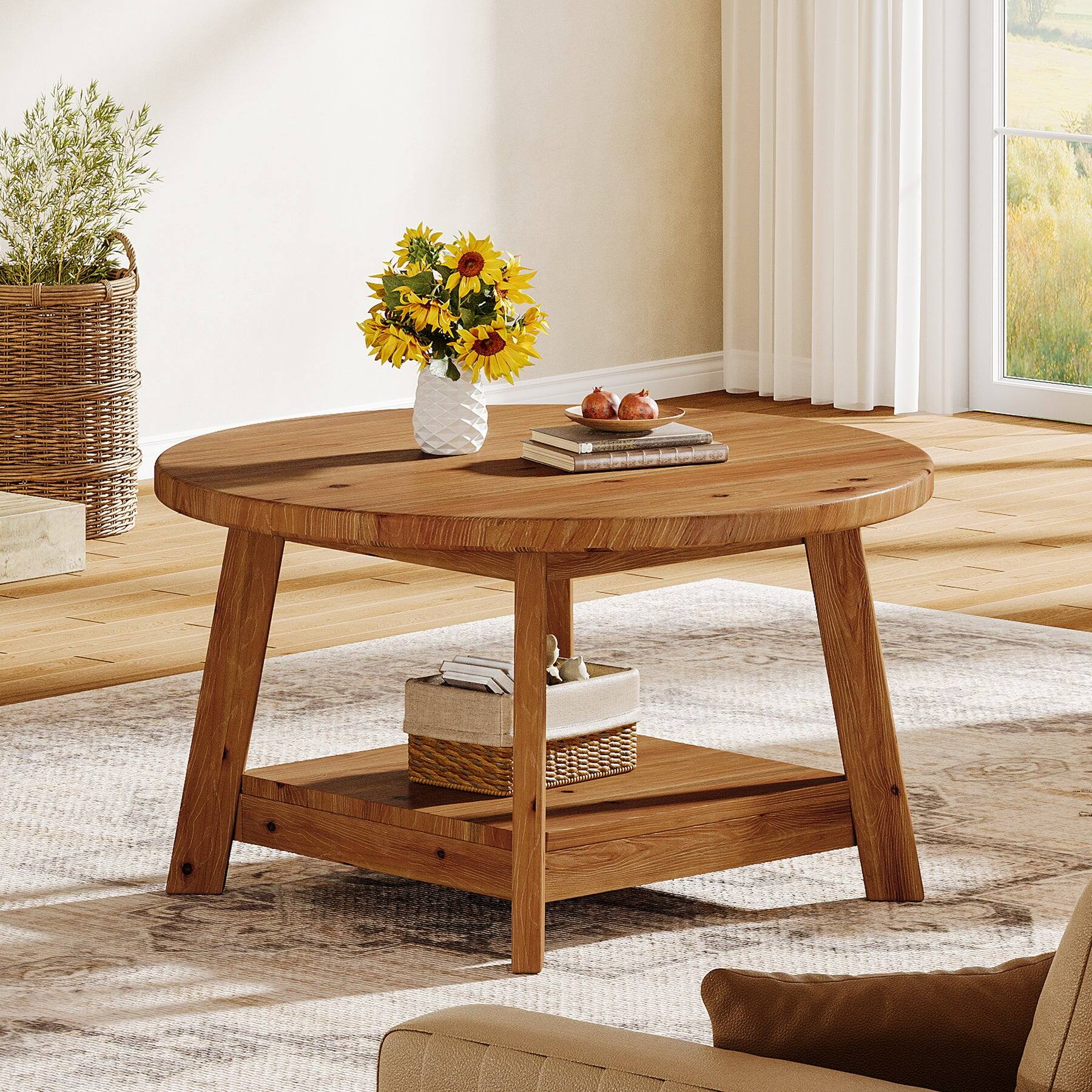 Back. Tribesigns - Solid Wood Coffee Table with Round Top for Books, Drinks and Everyday Essentials - Brown.