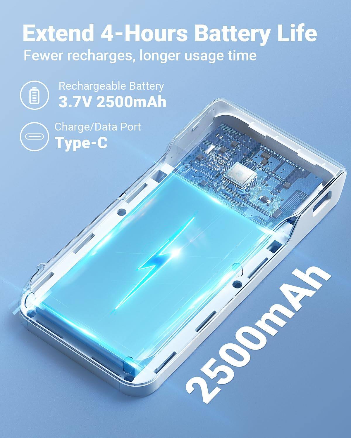 Extend 4-Hours Battery Life  
Fewer recharges, longer usage time  

Rechargeable Battery  
3.7V 2500mAh  

Charge/Data Port  
Type-C  

2500mAh