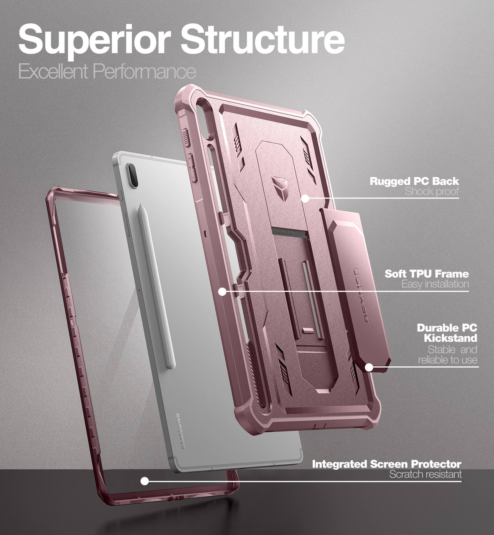 Superior Structure  
Excellent Performance

- Rugged PC Back  
  Shock proof

- Soft TPU Frame  
  Easy installation

- Durable PC Kickstand  
  Stable and reliable to use

- Integrated Screen Protector  
  Scratch resistant