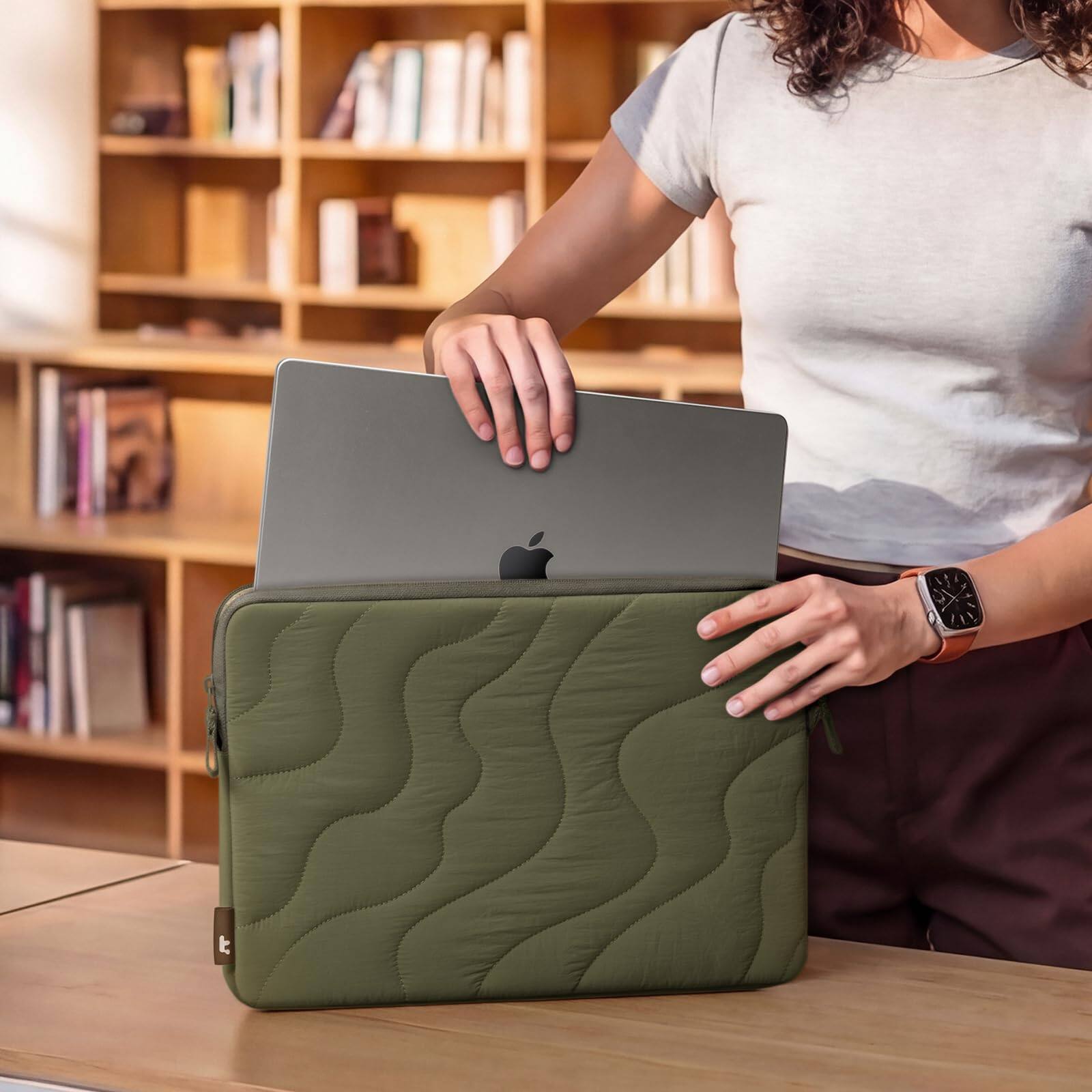 Alt View 7. tomtoc - Terra-A27 Puff Recycled Laptop Sleeve Bag Case for 14-inch MacBook Pro M4/M3/M2/M1 Pro/Max 2024-2021, Quilted Design - Greenlands.
