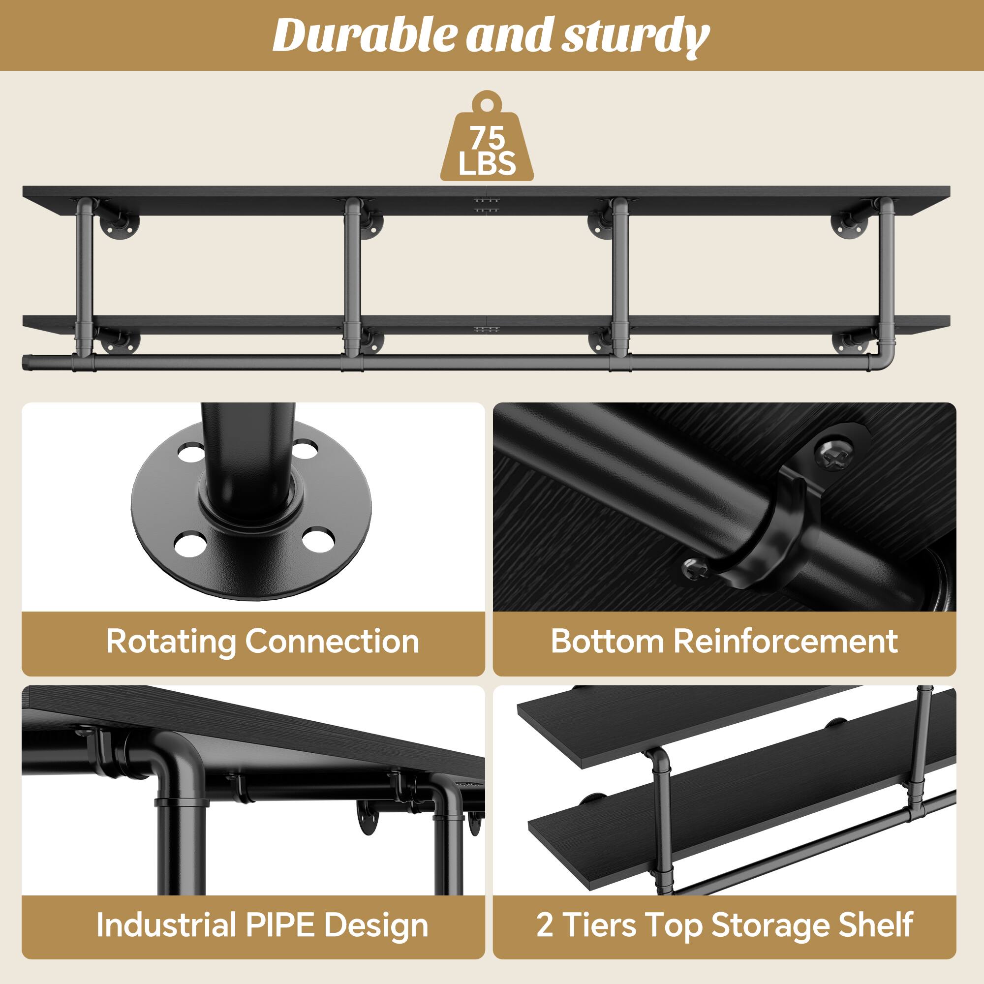 Durable and sturdy

75 LBS

Rotating Connection

Bottom Reinforcement

Industrial PIPE Design

2 Tiers Top Storage Shelf