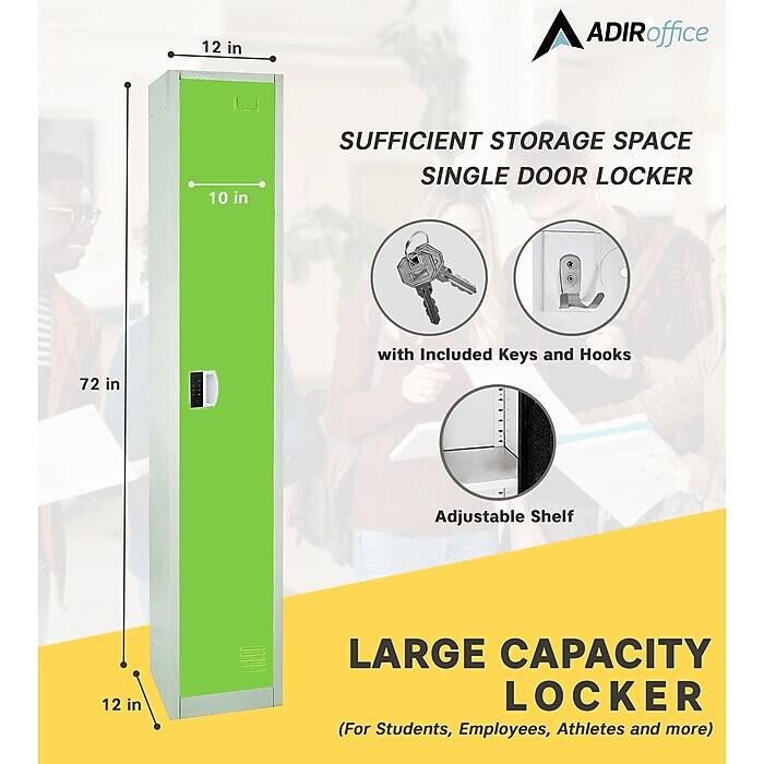 ADIRoffice
SUFFICIENT STORAGE SPACE SINGLE DOOR LOCKER
72 in
with Included Keys and Hooks
Adjustable Shelf
LARGE CAPACITY LOCKER (For Students, Employees, Athletes and more)
12 in
10 in