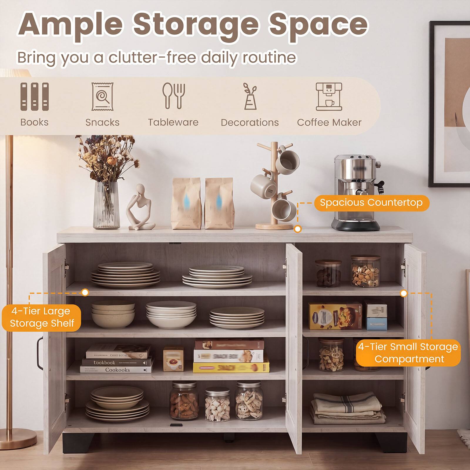 Ample Storage Space Bring you a clutter-free daily routine Books Snacks Tableware Decorations Coffee Maker Spacious Countertop 4-Tier Large Storage Shelf | 4-Tier Small Storage Compartment