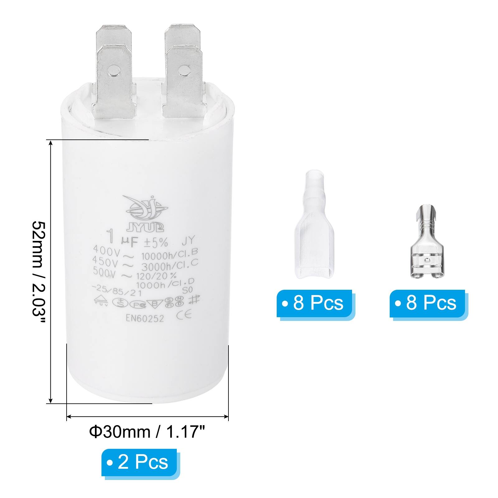 52mm / 2.03"  
1 µF ±5% JY  
400V ~ 10000h/CI.B  
450V ~ 3000h/CI.C  
500V ~ 1000h/CI.D  
-25/85/21  
EN60252 CE  

8 Pcs  
8 Pcs  
2 Pcs  

Φ30mm / 1.17"