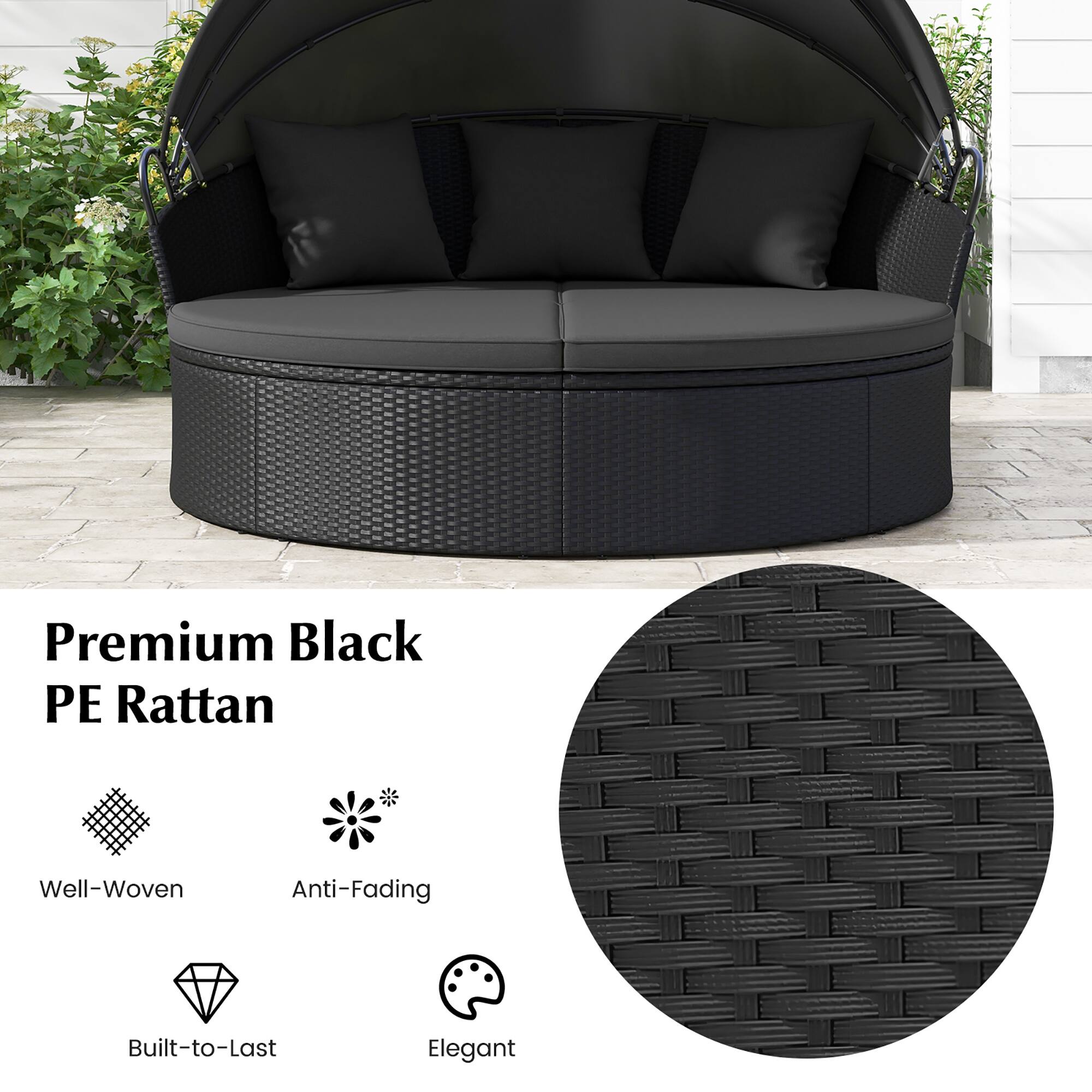 Premium Black PE Rattan

- Well-Woven
- Anti-Fading
- Built-to-Last
- Elegant