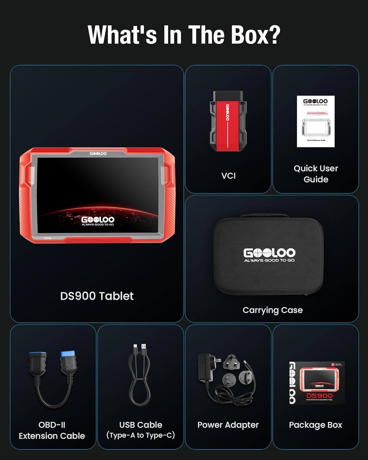 What's In The Box?

GOOLOO DS900 Tablet Carrying Case

- GOOLOO DS900 Tablet
- GOOLOO VCI
- GOOLOO Quick User Guide
- GOOLOO Carrying Case
- GOOLOO OBD-II Extension Cable
- GOOLOO USB Cable (Type-A to Type-C)
- GOOLOO Power Adapter
- GOOLOO Package Box