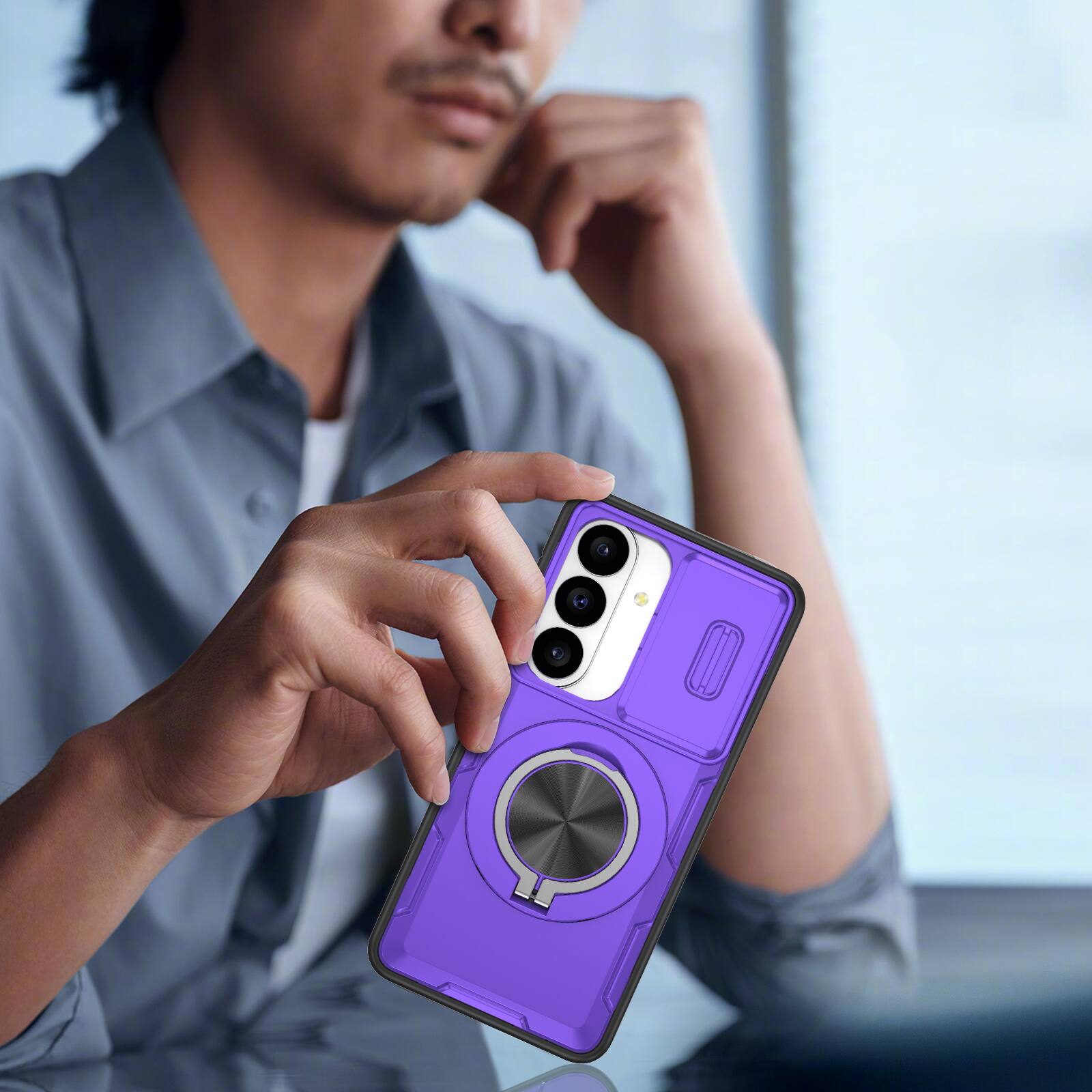 Alt View 2. Dteck - Rugged Magnetic Case for Samsung Galaxy S26, Shockproof 360° Rotating Ring Stand Cover, Window Sliding Protection - Purple.