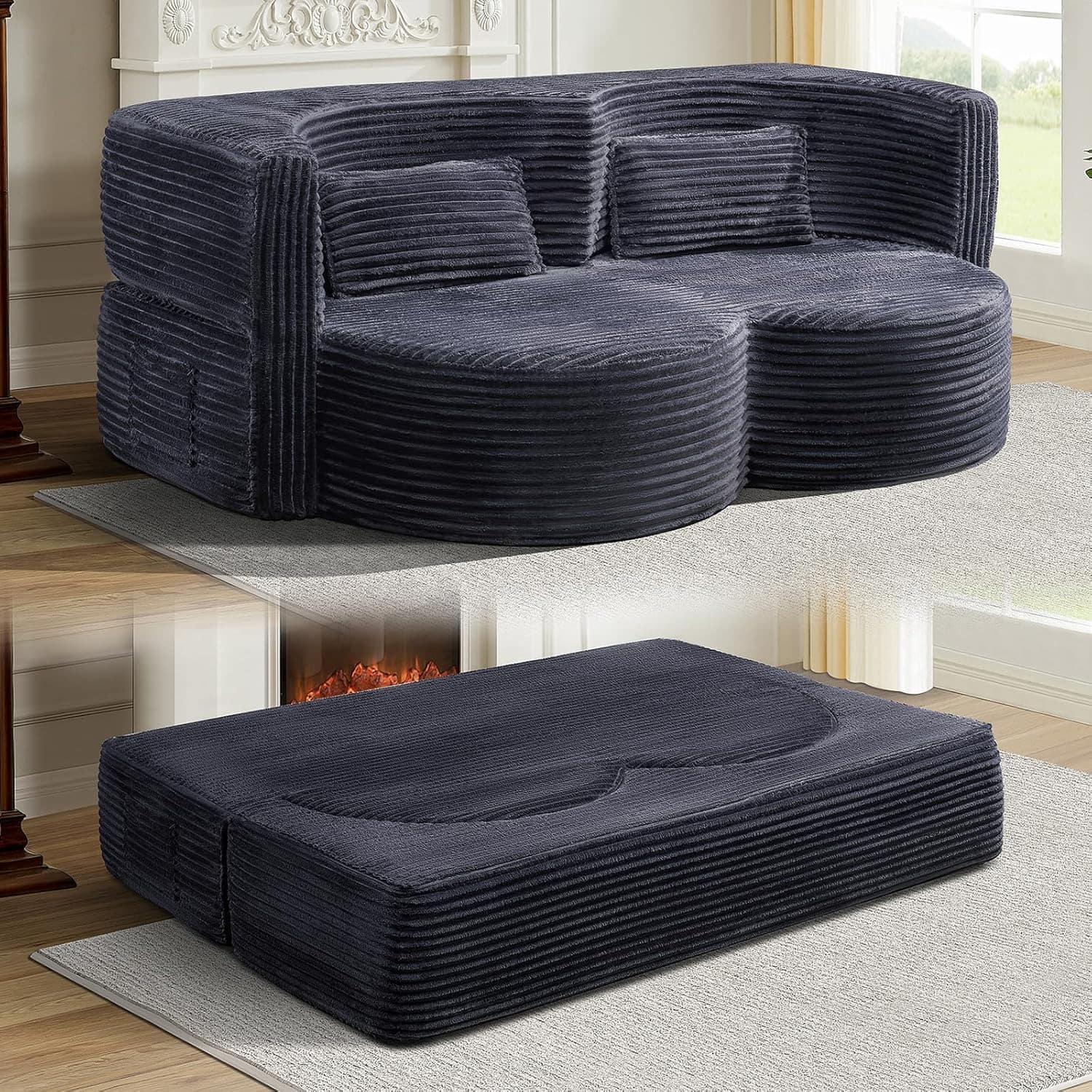 Trinkets Crazed - 79'' Oversized Folding Sofa Bed, Teddy Upholstered Folding Mattress Couch with Pillows - dark gray