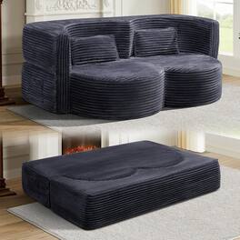 Trinkets Crazed - 79'' Oversized Folding Sofa Bed, Teddy Upholstered Folding Mattress Couch with Pillows - dark gray