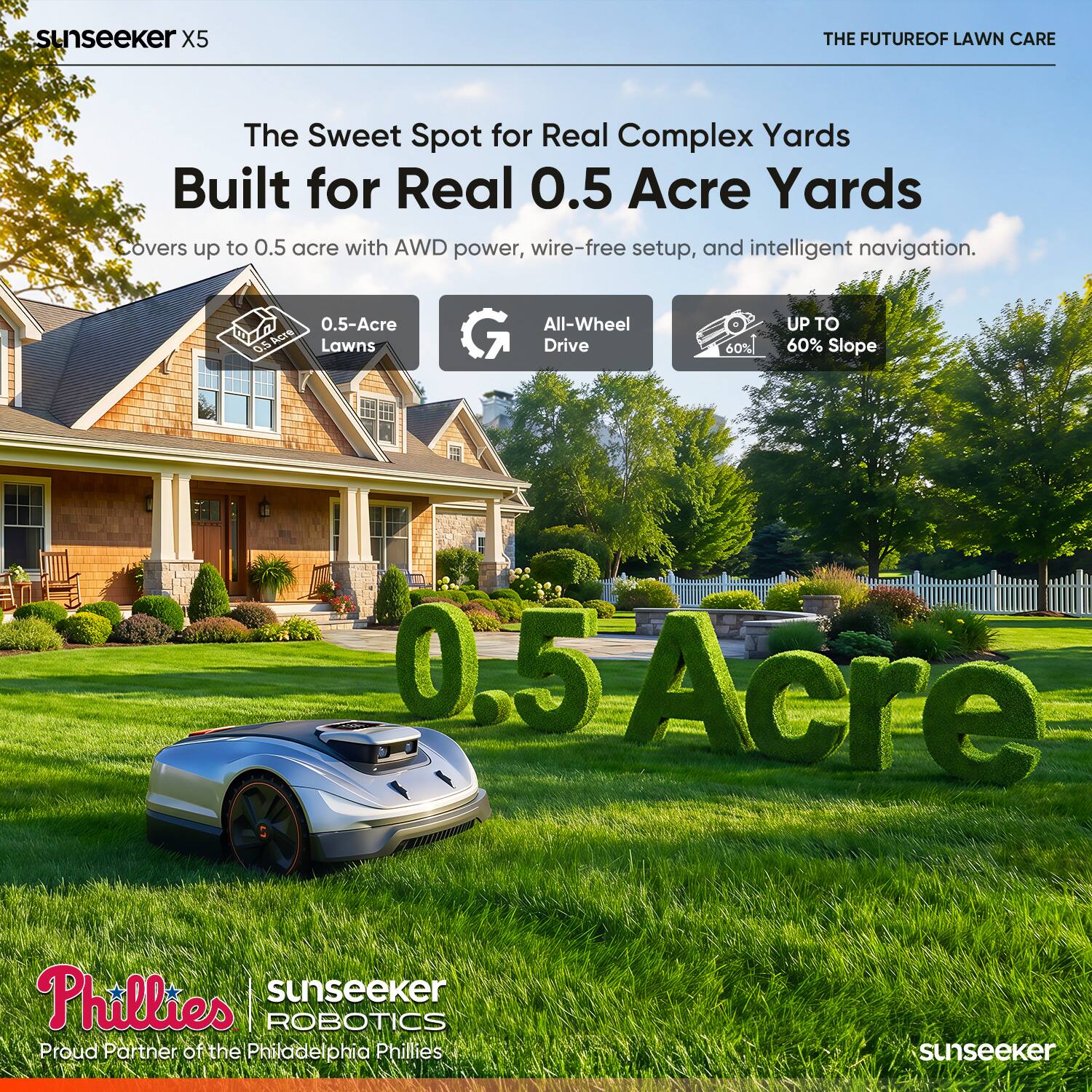 Sunseeker X5  
THE FUTURE OF LAWN CARE  
The Sweet Spot for Real Complex Yards  
Built for Real 0.5 Acre Yards  
Covers up to 0.5 acre with AWD power, wire-free setup, and intelligent navigation.  
0.5-Acre Lawns  
All-Wheel Drive  
UP TO 60% Slope  

0.5 Acre  
Sunseeker | ROBOTICS  
Proud Partner of the Philadelphia Phillies