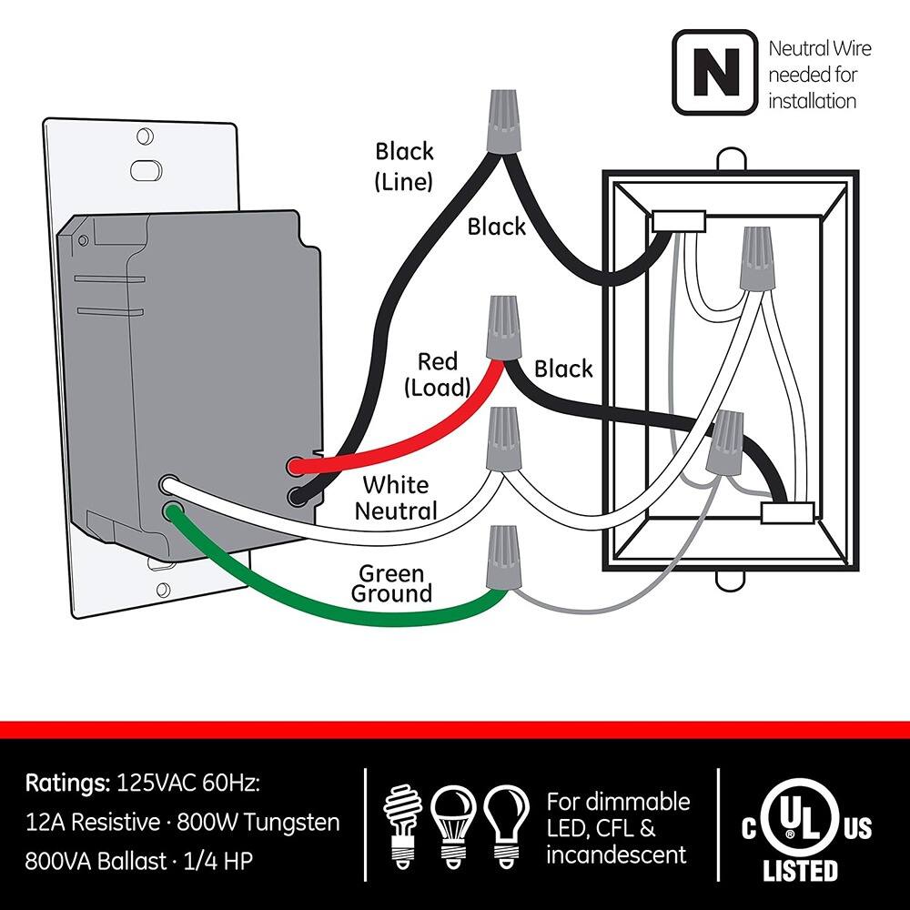 Neutral Wire N needed for installation

Black (Line)  
Red (Load)  
White Neutral  
Green Ground  

Ratings: 125VAC 60Hz:  
12A Resistive • 800W Tungsten  
800VA Ballast • 1/4 HP  

For dimmable LED, CFL & incandescent  

UL US LISTED