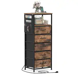Costway - 1 PCS Nightstand with Integrated Charging Station, Modern Bedside Table with 5 Fabric Drawers - Rustic + Black