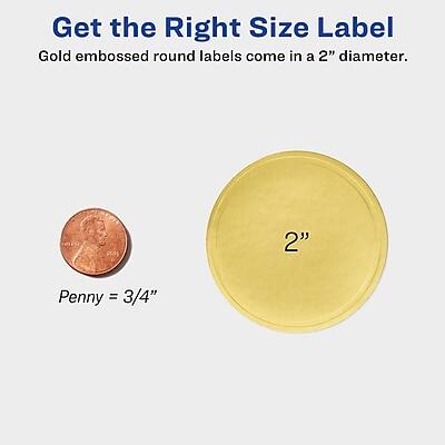 Get the Right Size Label

Gold embossed round labels come in a 2" diameter.

Penny = 3/4"