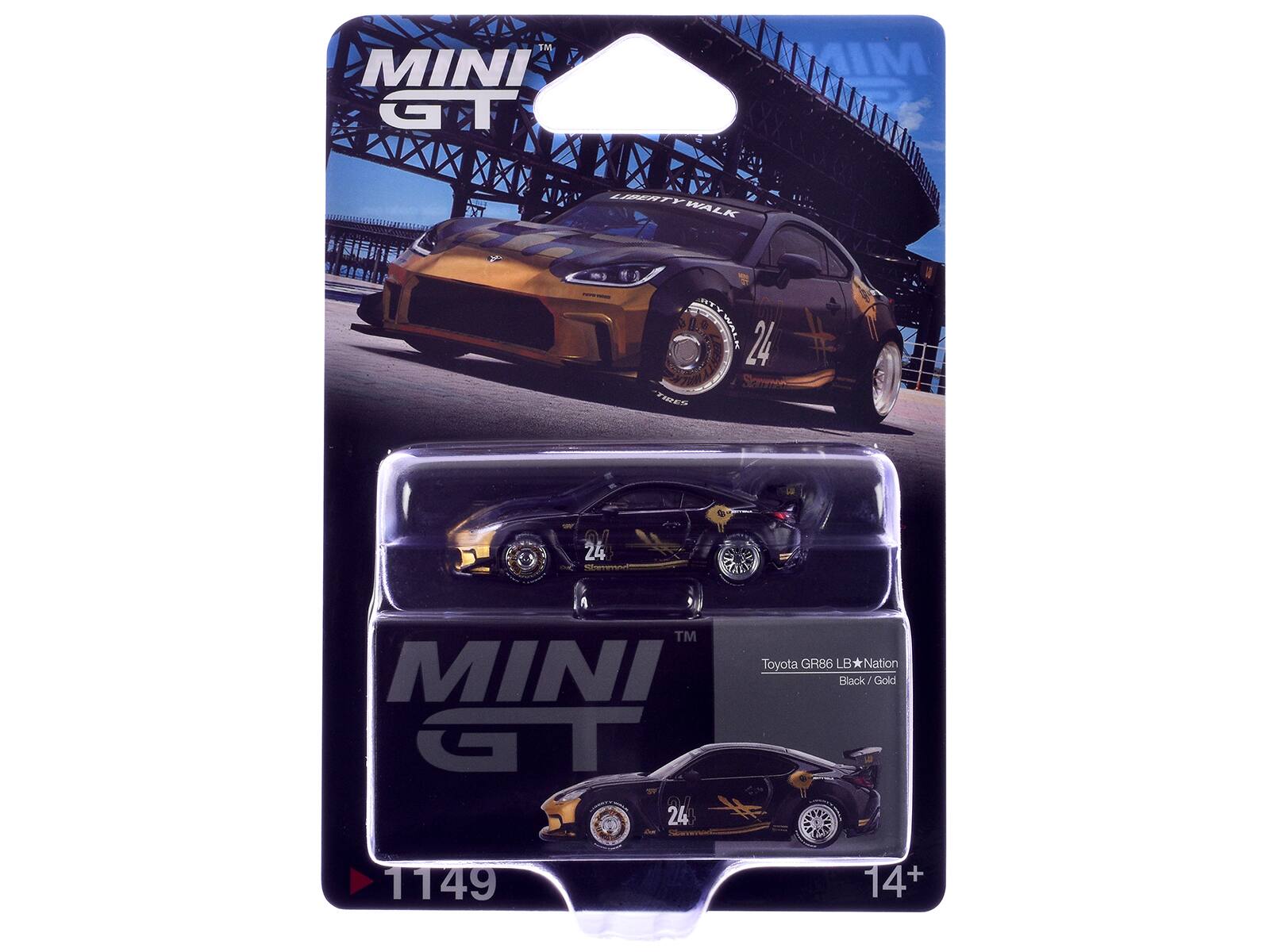 MINI GT  
LIBERTY WALK  
24  
Toyota GR86 LB Nation  
Black/Gold  
1149  
14+