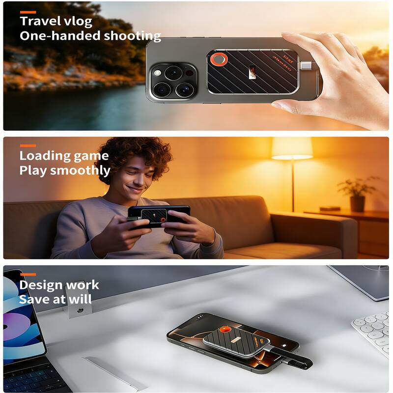 Travel vlog  
One-handed shooting  

Loading game  
Play smoothly  

Design work  
Save at will