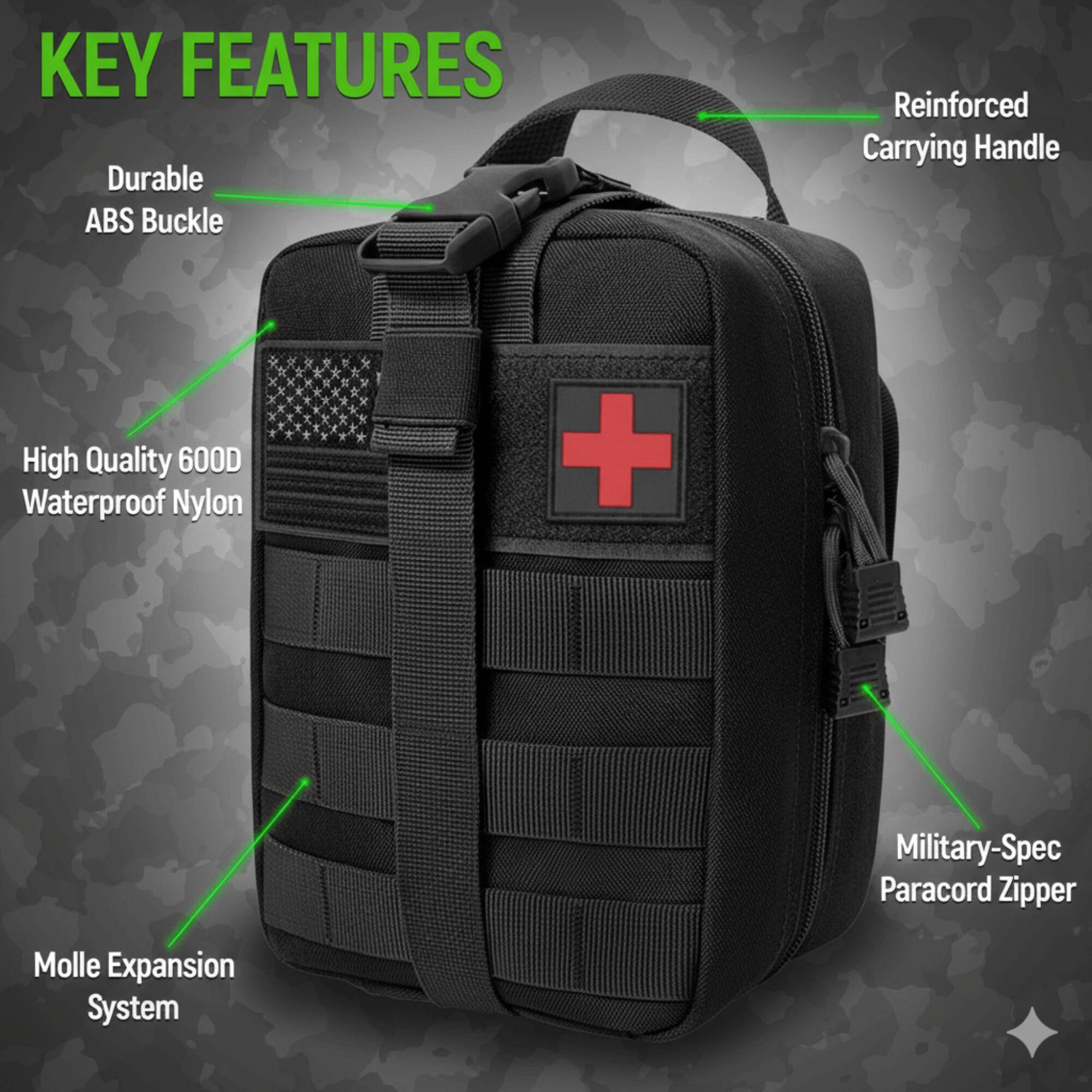 KEY FEATURES  
- Durable ABS Buckle  
- Reinforced Carrying Handle  
- High Quality 600D Waterproof Nylon  
- Military-Spec Paracord Zipper  
- Molle Expansion System