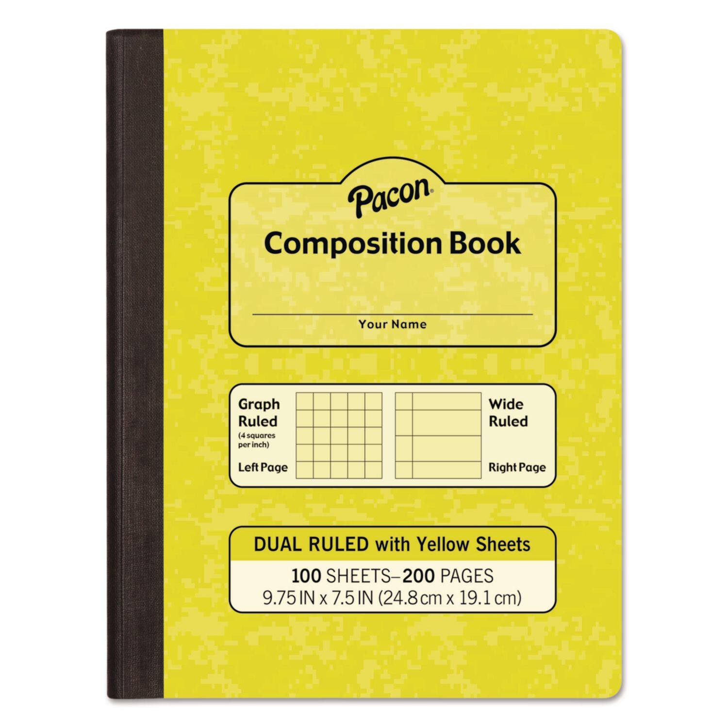Pacon Composition Book  
Your Name  
Graph Ruled (14 squares per inch) Left Page  
Wide Ruled Right Page  
DUAL RULED with Yellow Sheets  
100 SHEETS - 200 PAGES  
9.75 IN x 7.5 IN (24.8 cm x 19.1 cm)