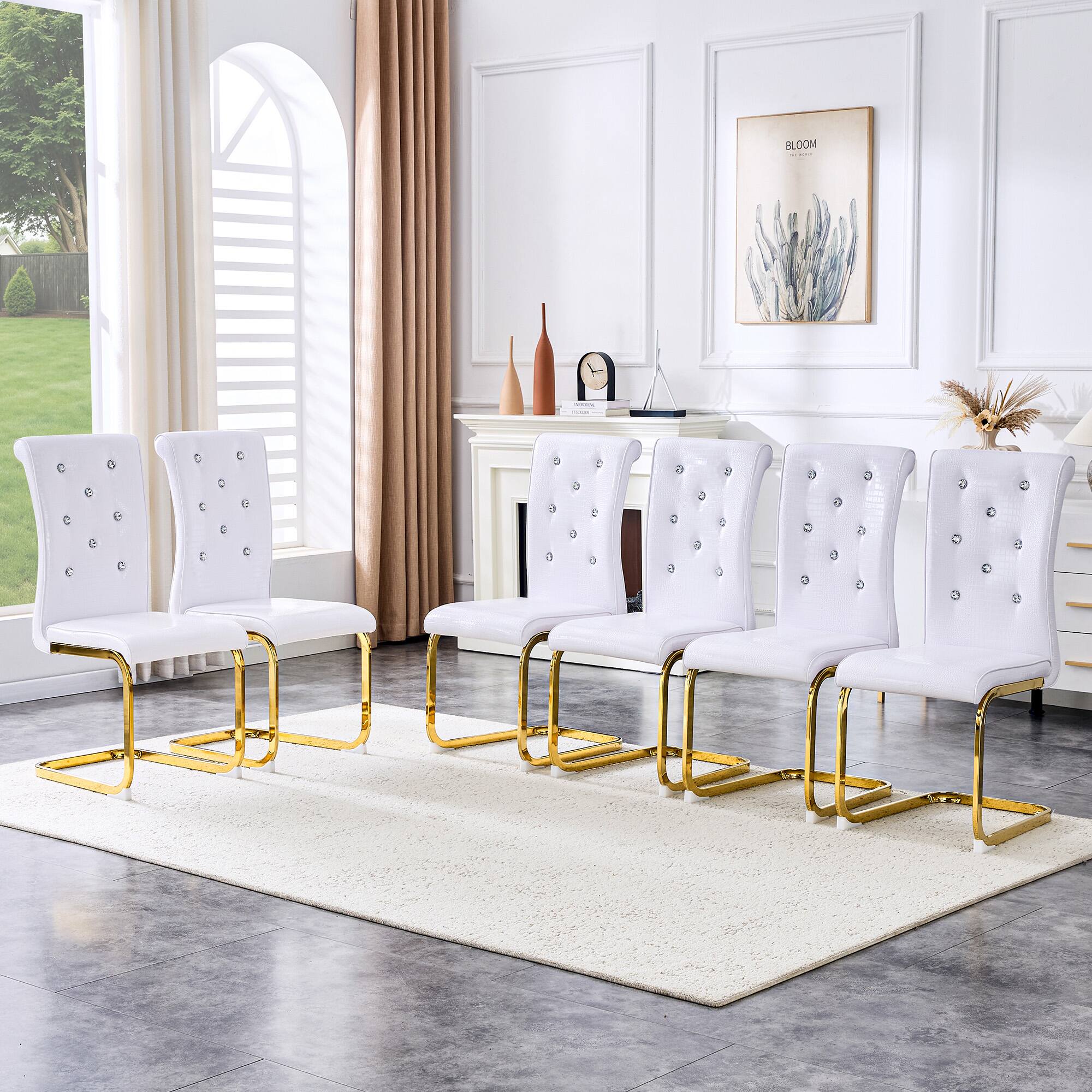 Alt View 1. Loheer - Retro Faux Leather Dining Chairs Set of 4 Alligator Texture Gold Bow Legs 1.37x1.87x3.3ft - White.
