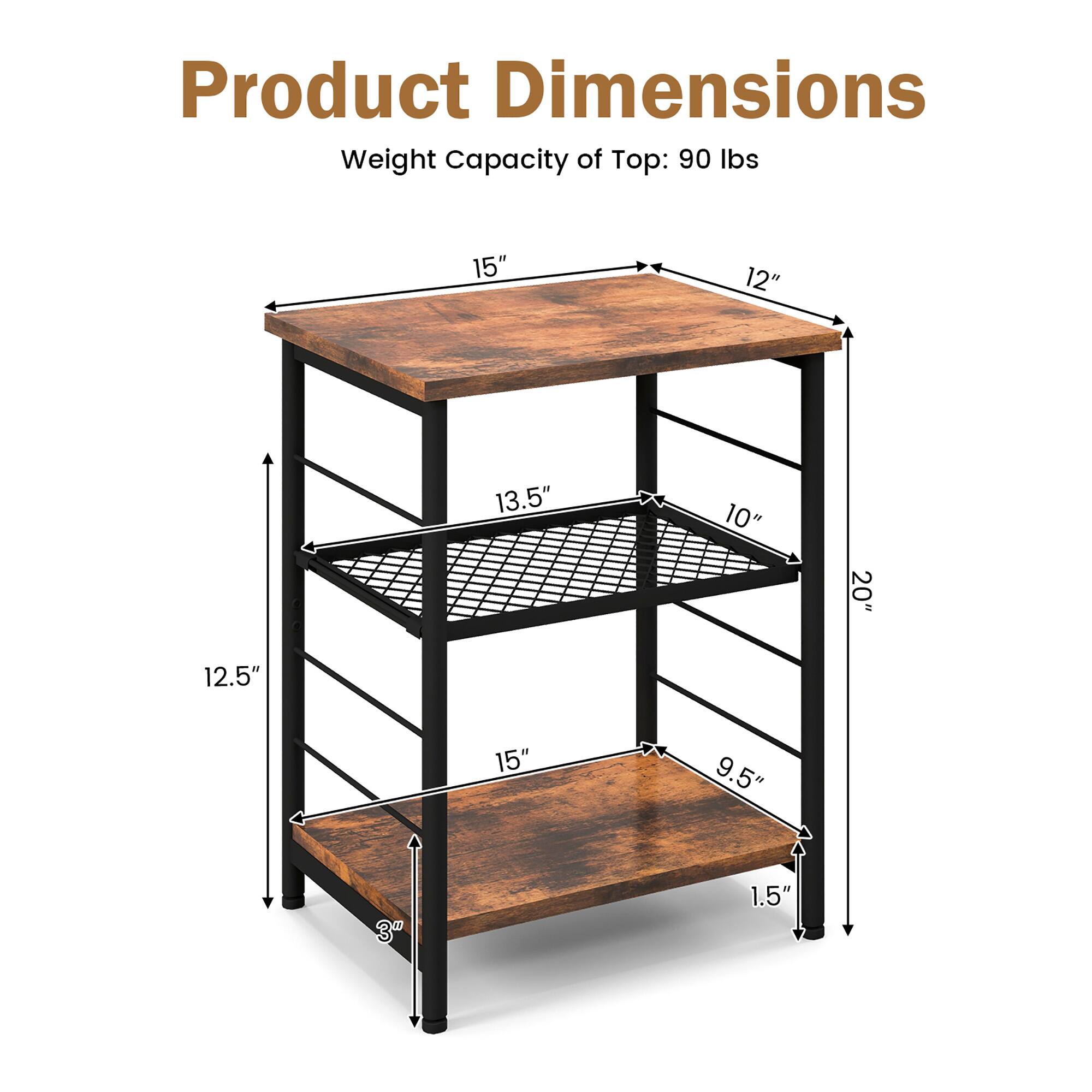 Product Dimensions:
- Weight capacity of top: 90 lbs
- Size: 15" x 12" x 13.5"
- Shelf size: 10" x 20" x 12.5"
- Shelf spacing: 1.5"
- Leg spacing: 3"
- Leg height: 1.5"