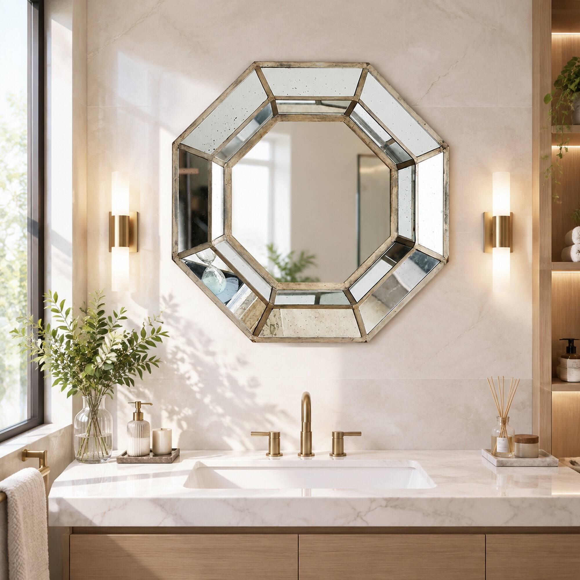 RYHNUYNE 40 in Oversized Octagon Wall Mirror, Distressed Finish, Mid ...