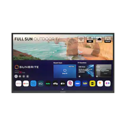 Full Sun Outdoor TV 4K HDR 1500 NIT Recent Input TV functions SUNBRITE aser Dy webOS Hub Recens iput Live TV Edit Home Edit the Ti of POD on the Home to include your preferences. Guide Check the broadcast schedule and information a + . NETFLIX, YouTube, prime video, Disney+, hulu, sling tv, she . mex tubi | plutce 16 Charel " - "