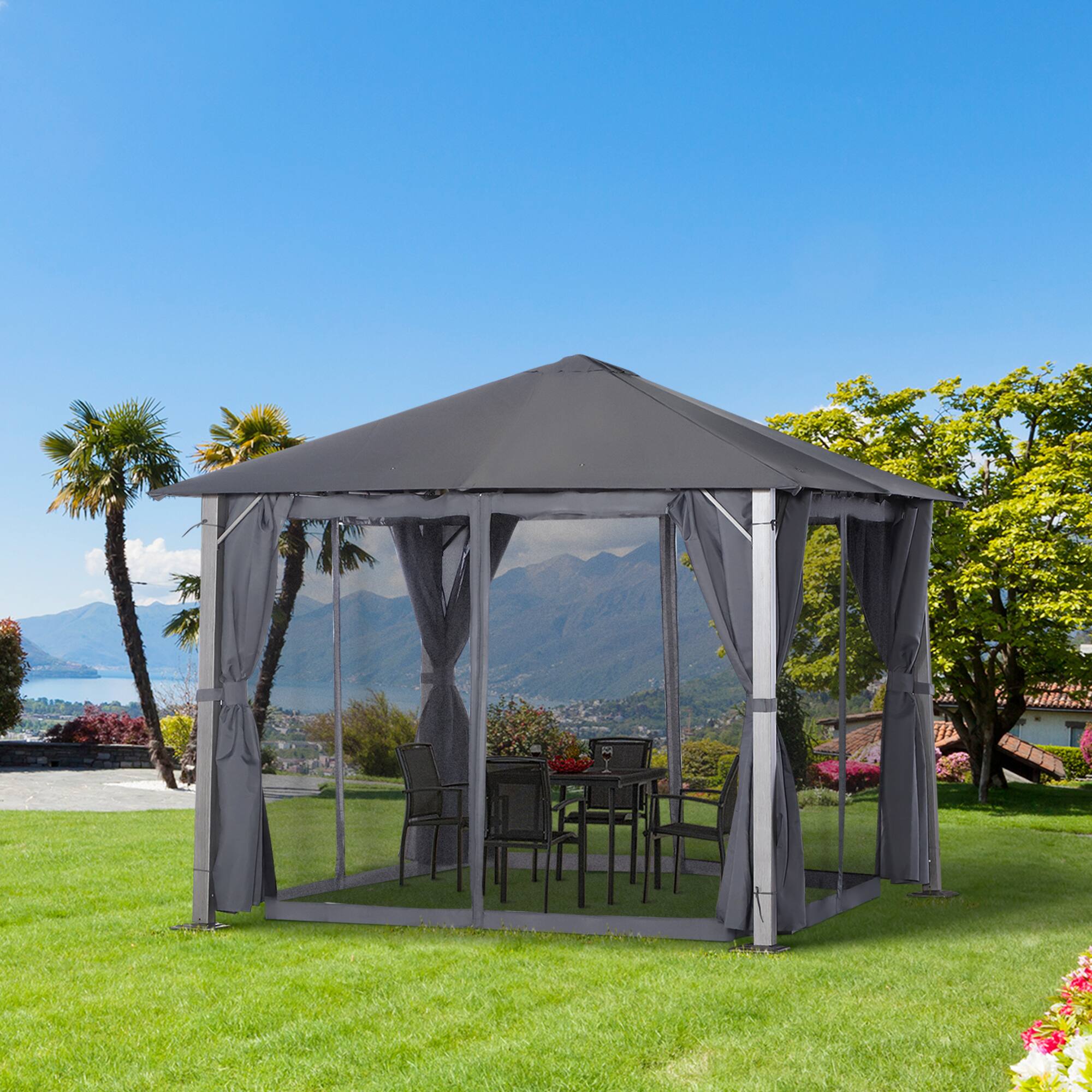 Alt View 1. Outsunny - 10' x 10' Patio Gazebo, Outdoor Gazebo Canopy Shelter with Netting & Curtains, Vented Roof, for Garden - Dark Grey.