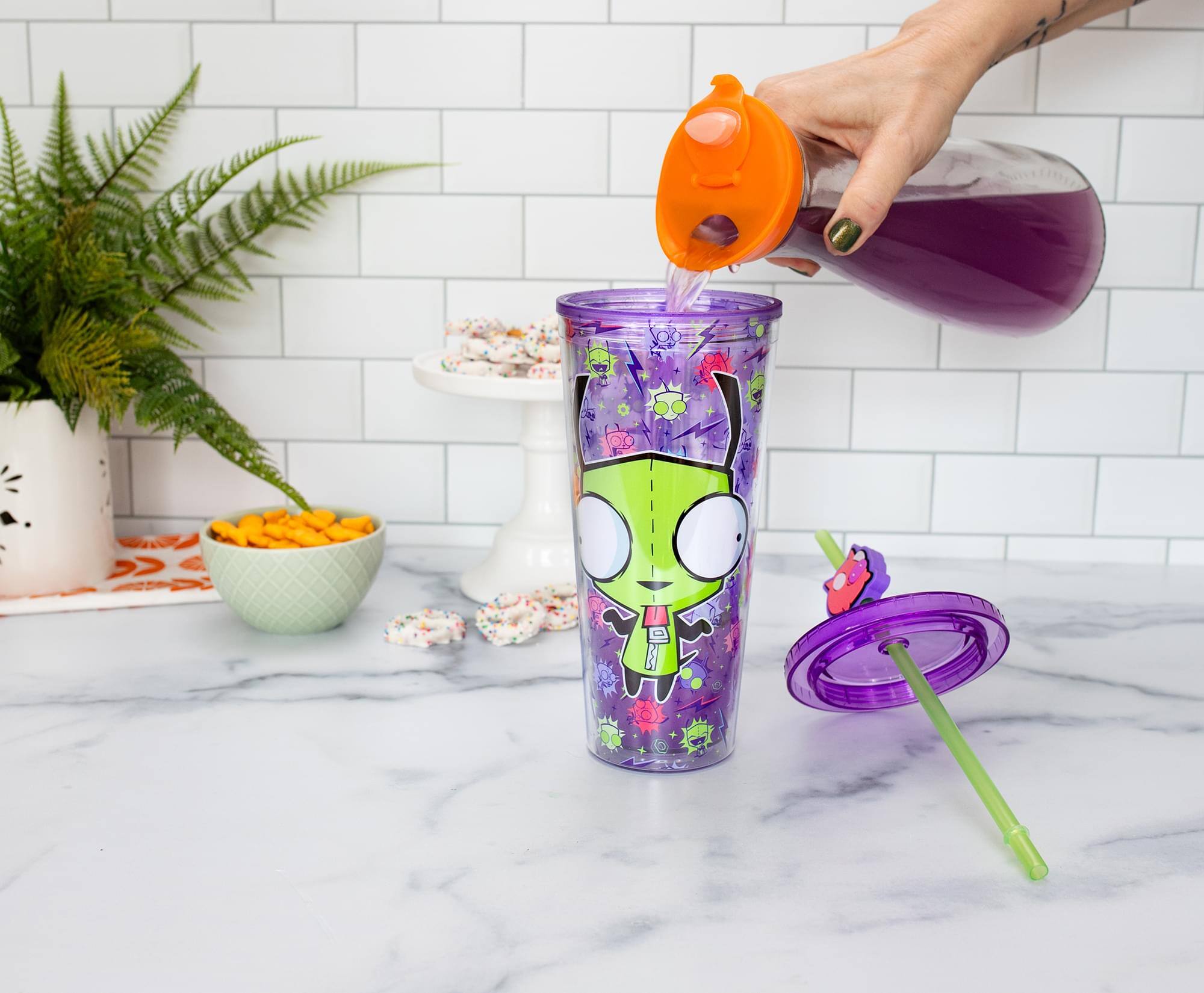 Alt View 4. Silver Buffalo - Invader Zim GIR Plastic Carnival Cup With Lid and Straw Topper | Holds 24 Ounces - Purple.