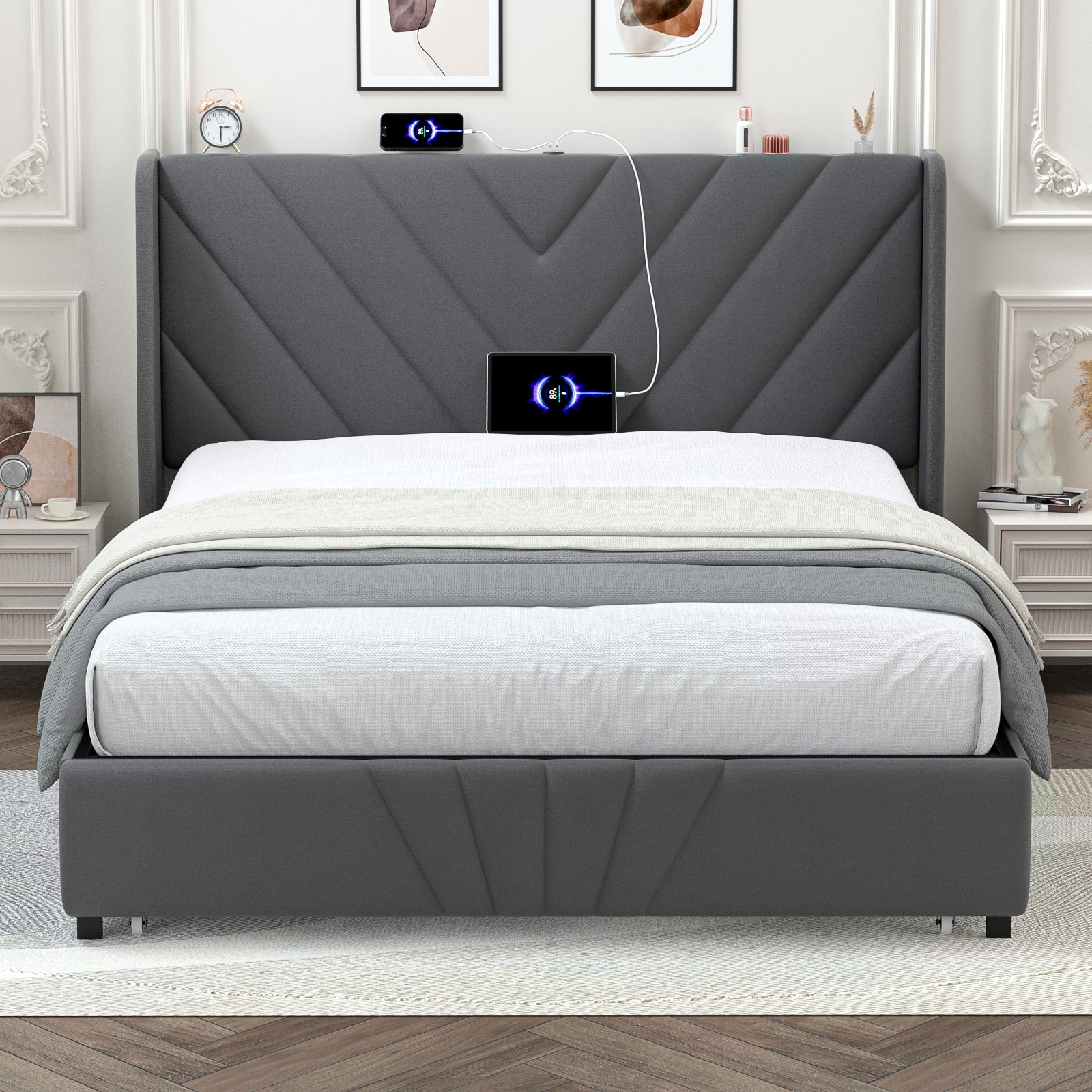 CloudRest Pro - Queen Upholstered Platform Bed Frame with USB,Type-C Ports,Side Drawers and Oversize Footboard Storage,Dark Grey - Dark Gray