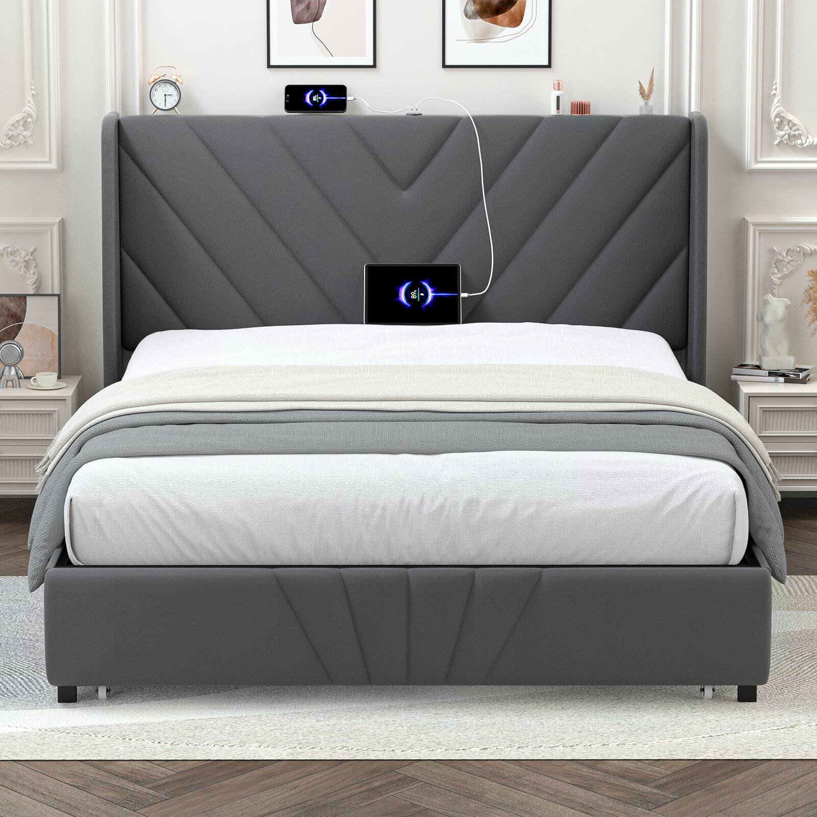 Front. CloudRest Pro - Queen Upholstered Platform Bed Frame with USB,Type-C Ports,Side Drawers and Oversize Footboard Storage,Dark Grey - Dark Grey.