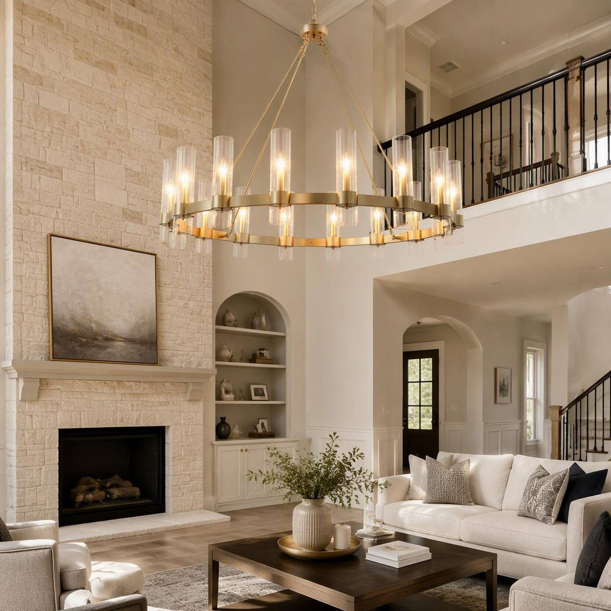 Angle. RYHNUYNE - 47.24-Inch Gold Wagon Wheel Chandelier with 16 Lights, Seeded Glass Shades, Adjustable Chain for Dining Room.