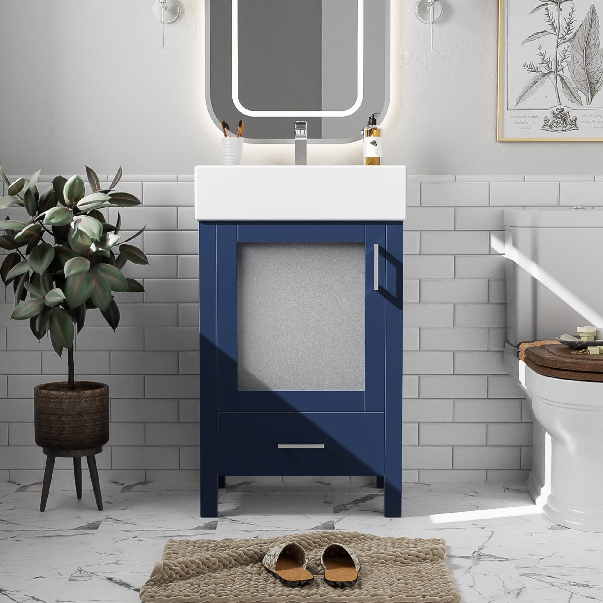 Angle. ELEMENT ACE - Compact bathroom vanity with ceramic sink and storage - Blue.