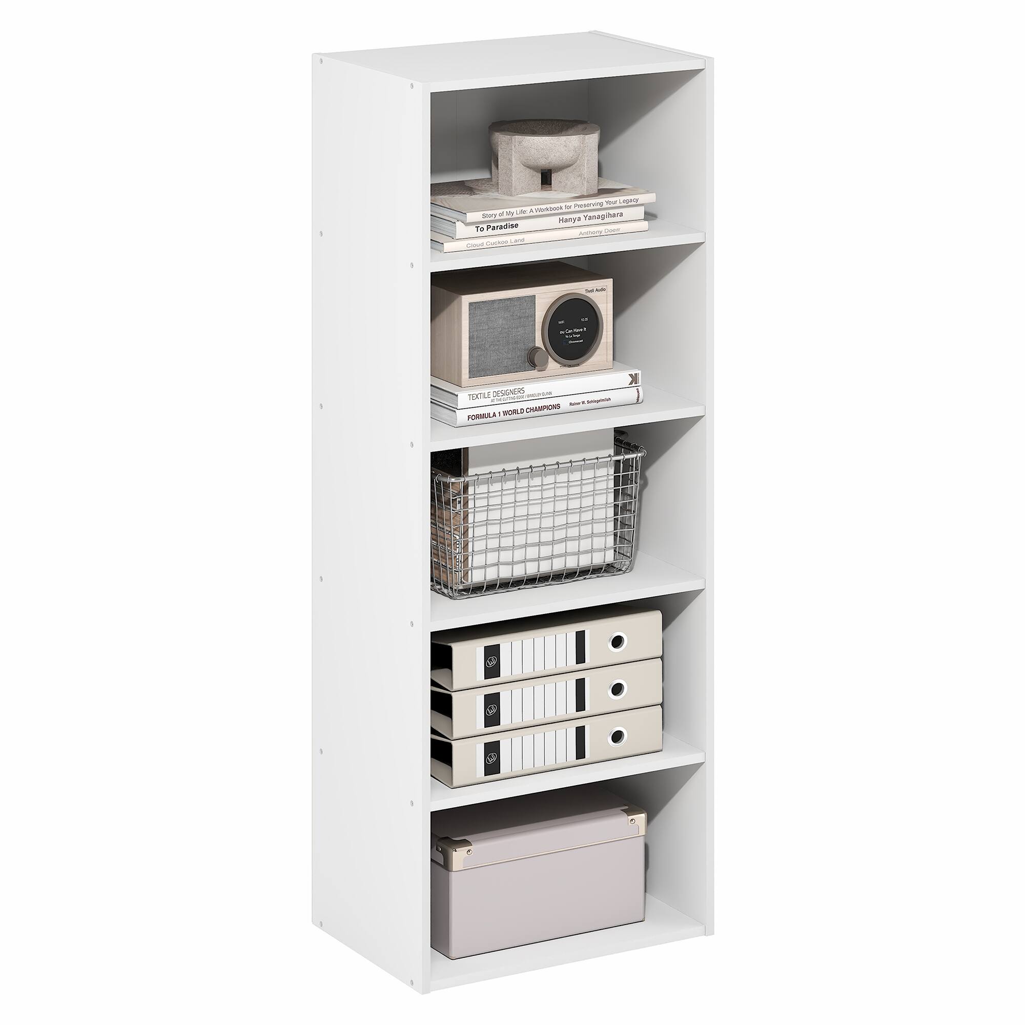 Furinno - Basic 5-Tier Open Shelf Bookcase, Bookshelf, Storage Organizer, 11 x 17 x 44 - White