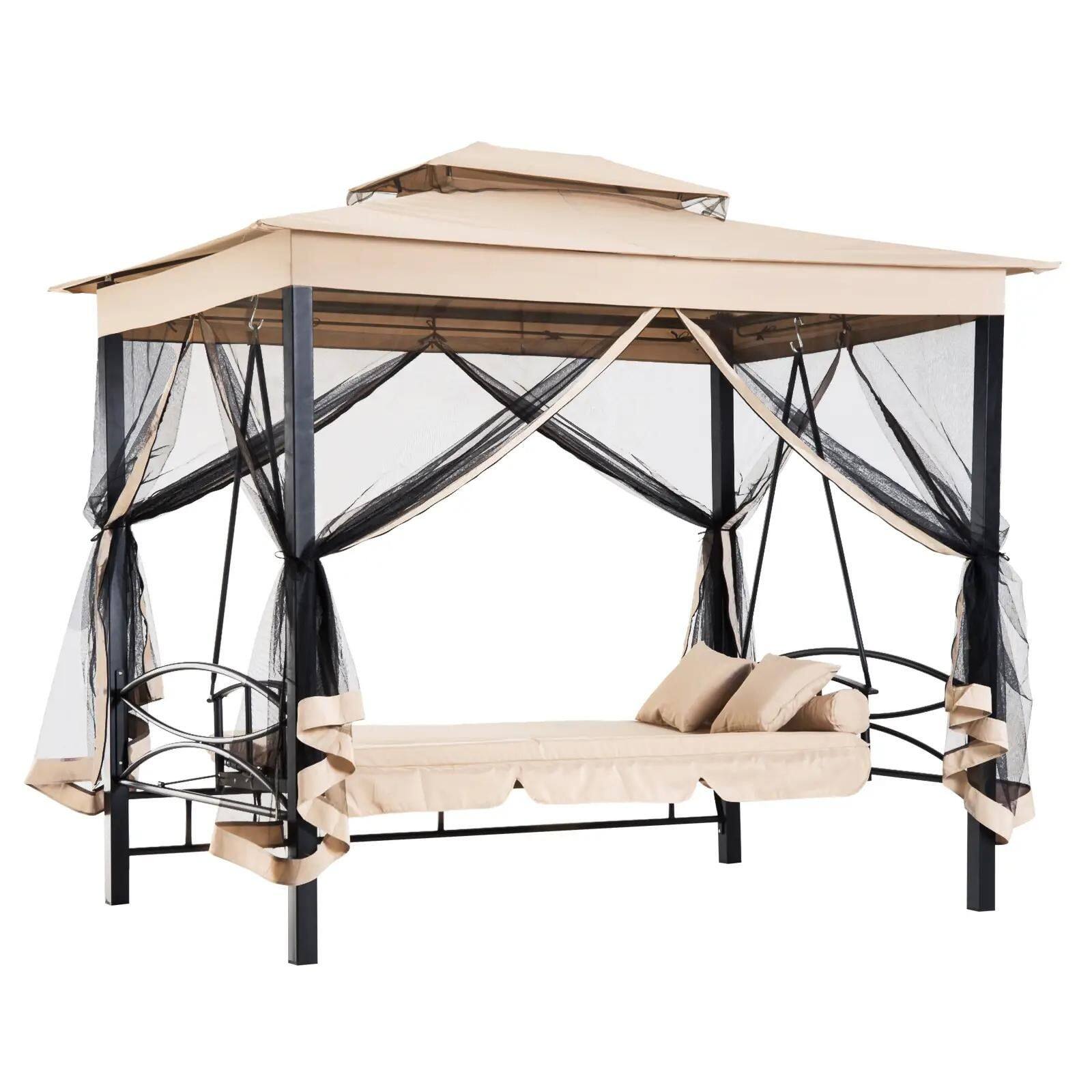 Left. Resenkos - Resenkos 3-Seat Swing Set, Outdoor Gazebo With Double Canopy, Mesh Walls, Comfortable Seat & Pillows, Beige.