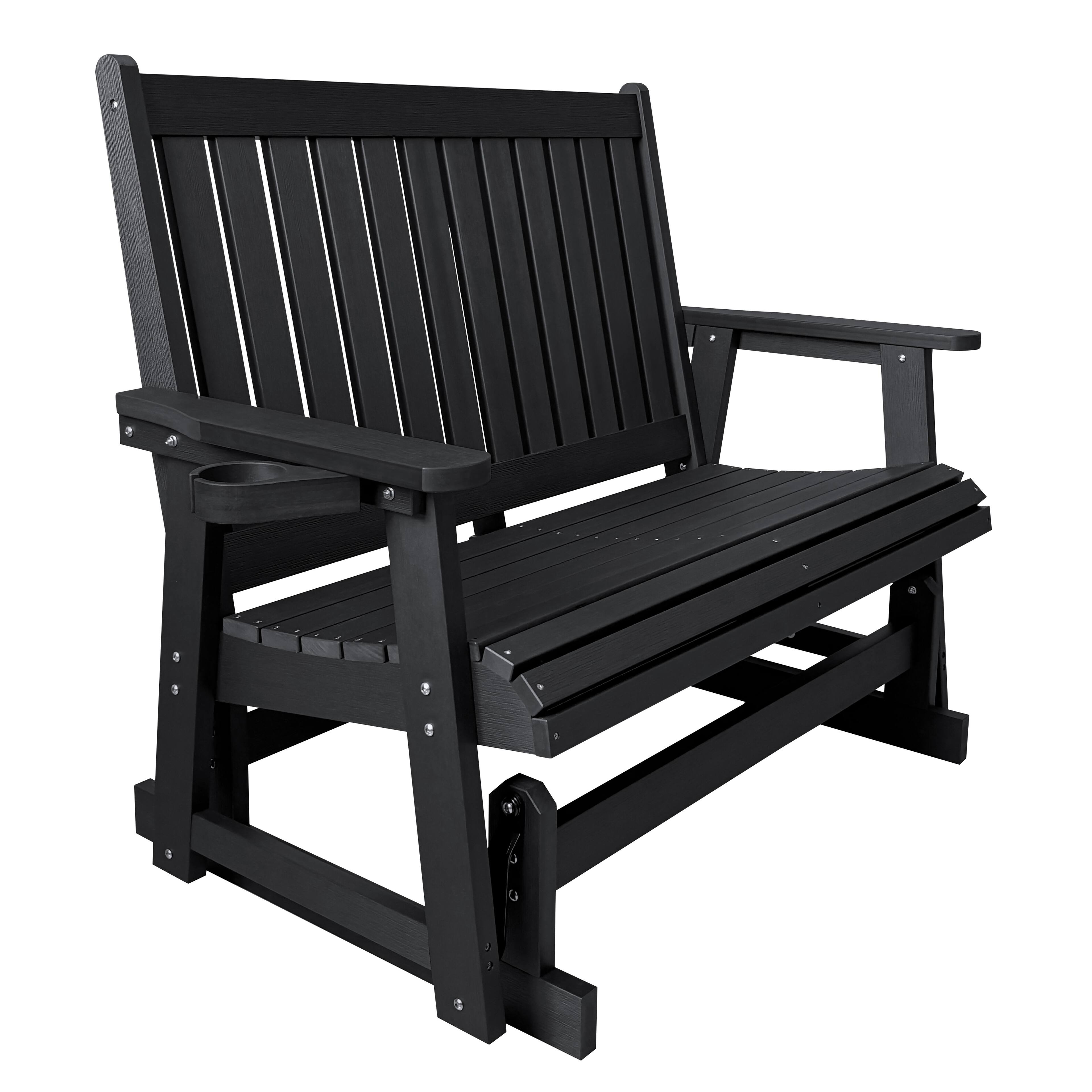 Left. Fortune Candy - HIPS Patio Glider with Cup Holders, Sturdy & Durablel, All-Weather Resistant, for Outdoor, Porch, Patio（2-Seater） - Carbon Black.