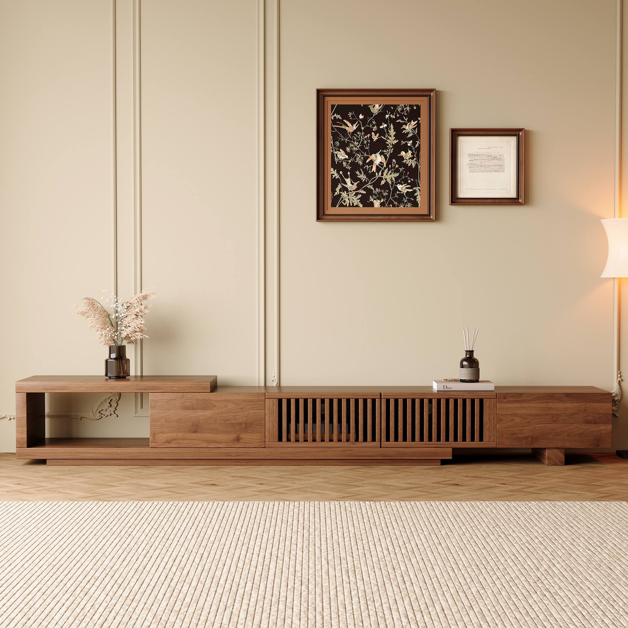 Angle. luck idea - Extendable 78.54" Media Console - TV Stand & Entertainment Center with Spacious Storage - Walnut color.